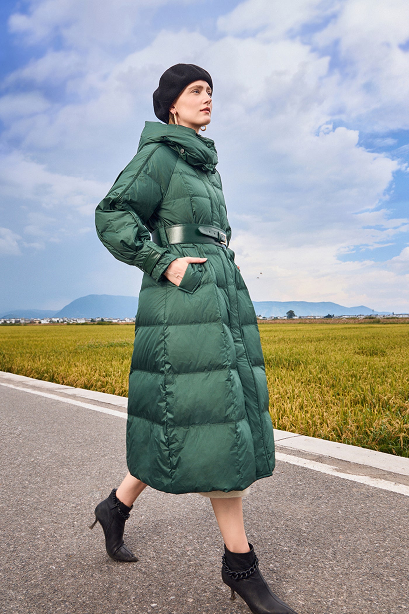 KAMILAN Women's White Goose Down Coat – 2025 Winter New Mid-Length Hooded Puffer Jacket