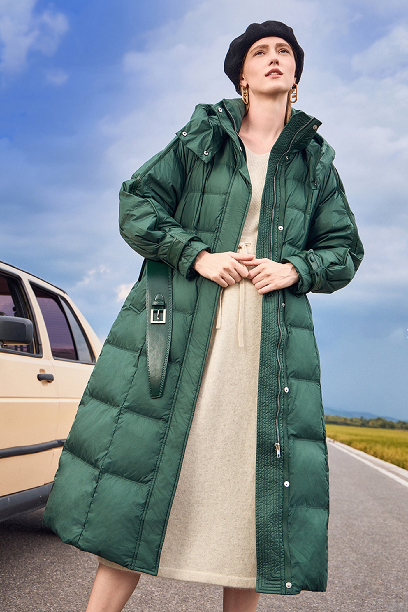 KAMILAN Women's White Goose Down Coat – 2025 Winter New Mid-Length Hooded Puffer Jacket