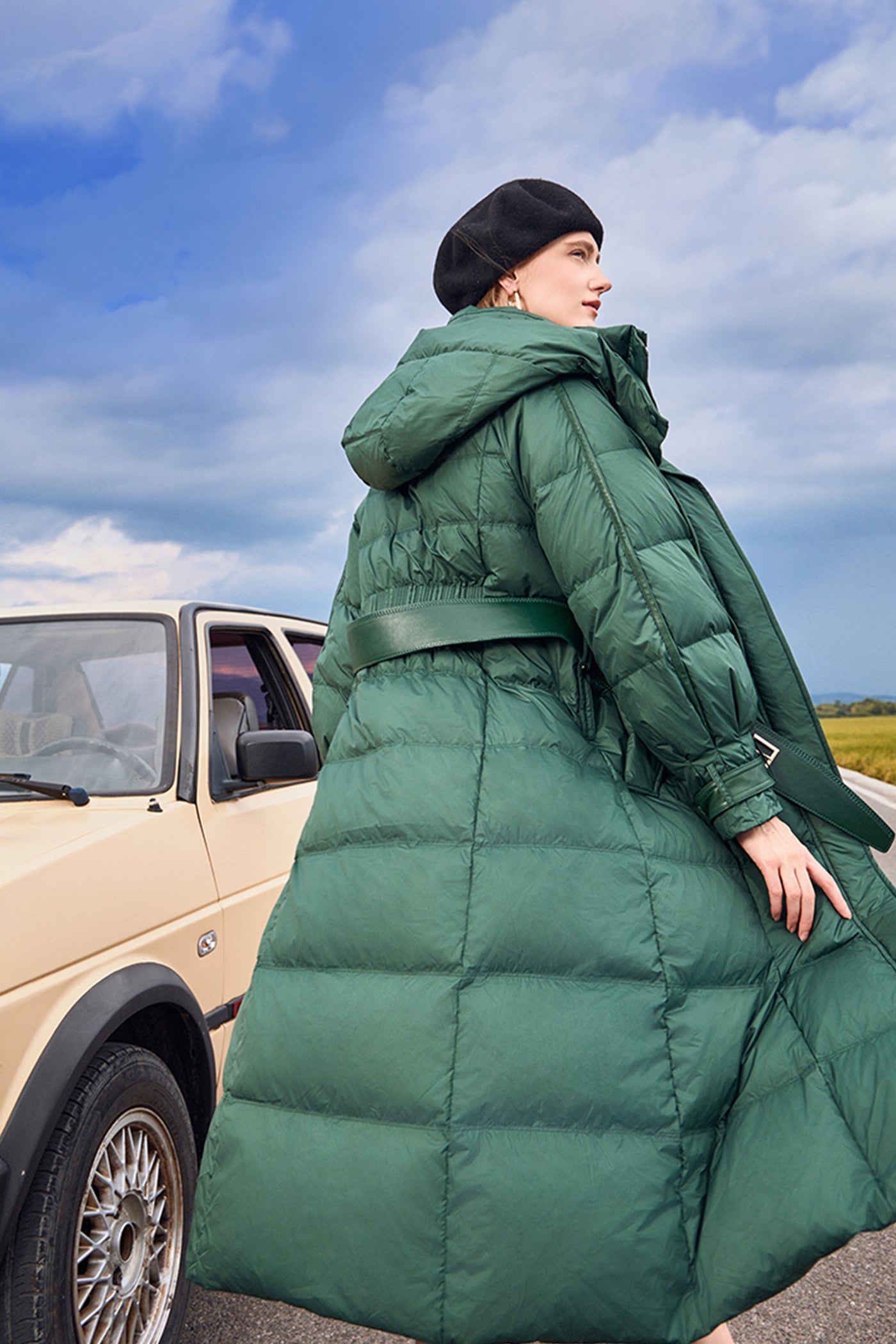 KAMILAN Women's White Goose Down Coat – 2025 Winter New Mid-Length Hooded Puffer Jacket