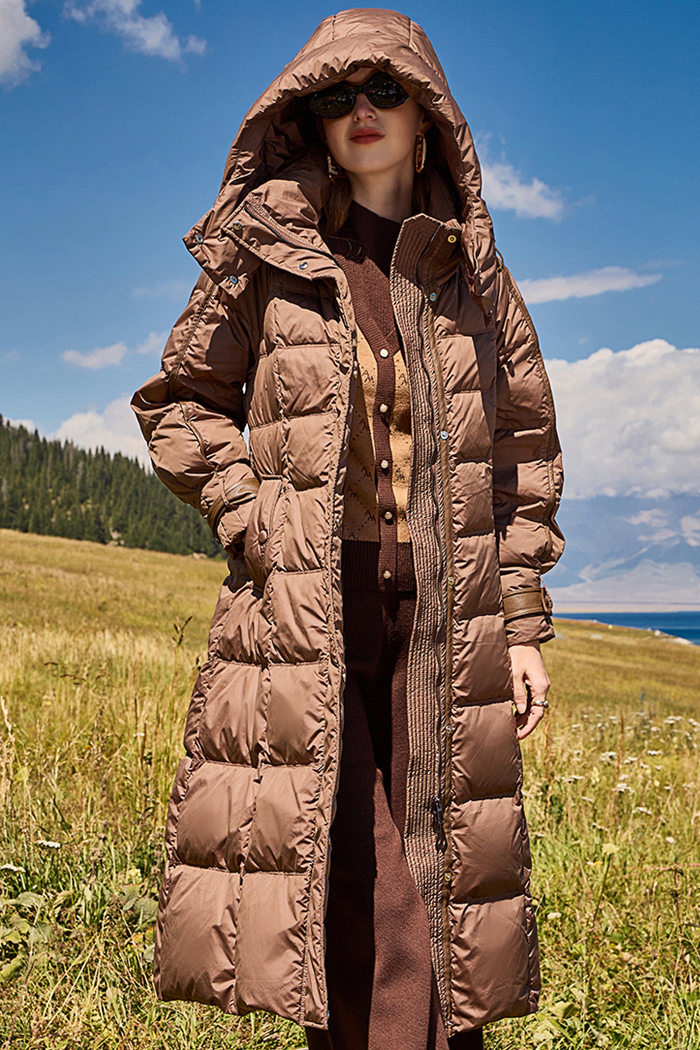 KAMILAN Women's White Goose Down Coat – 2025 Winter New Mid-Length Hooded Puffer Jacket