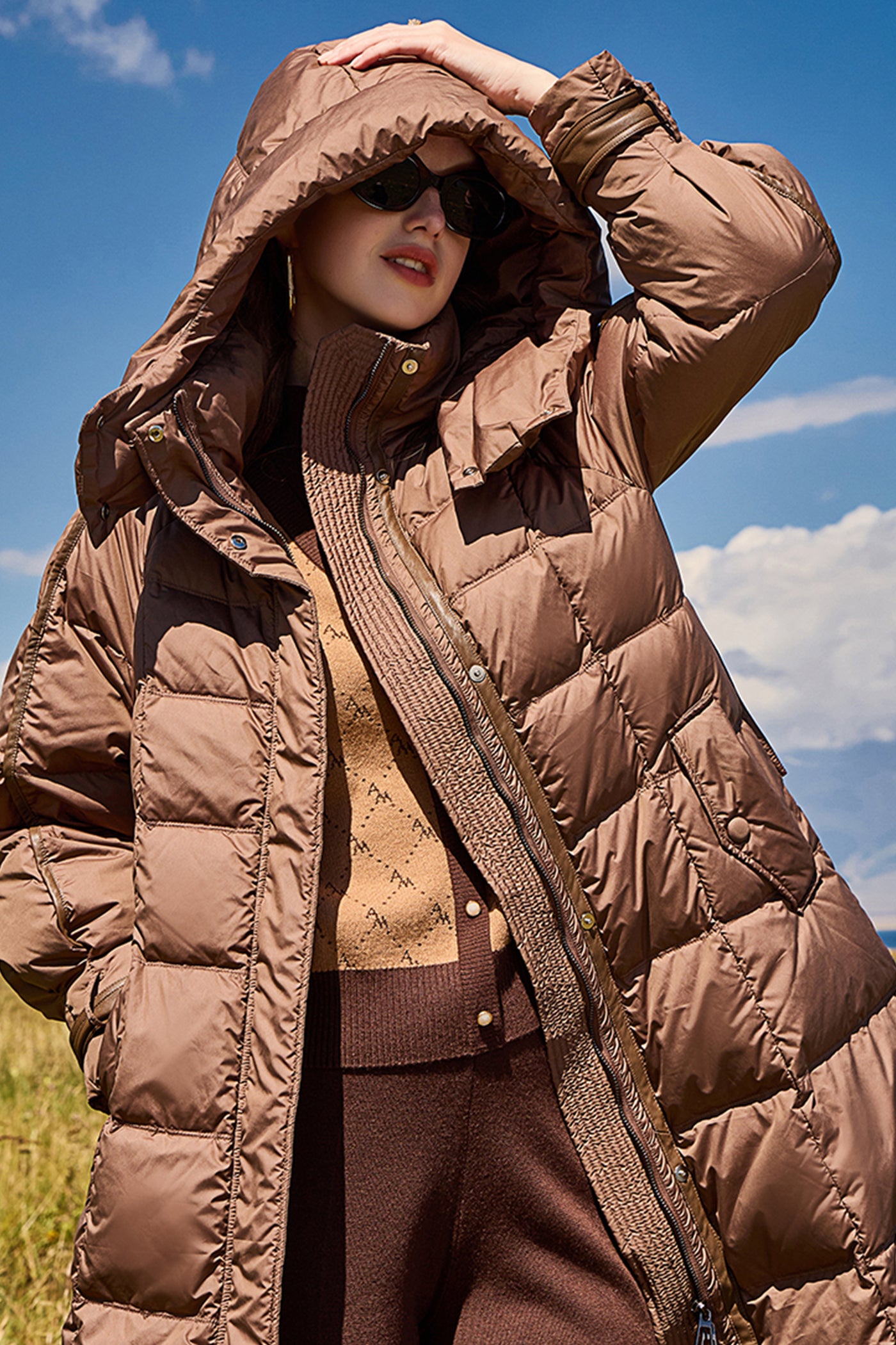 KAMILAN Women's White Goose Down Coat – 2025 Winter New Mid-Length Hooded Puffer Jacket