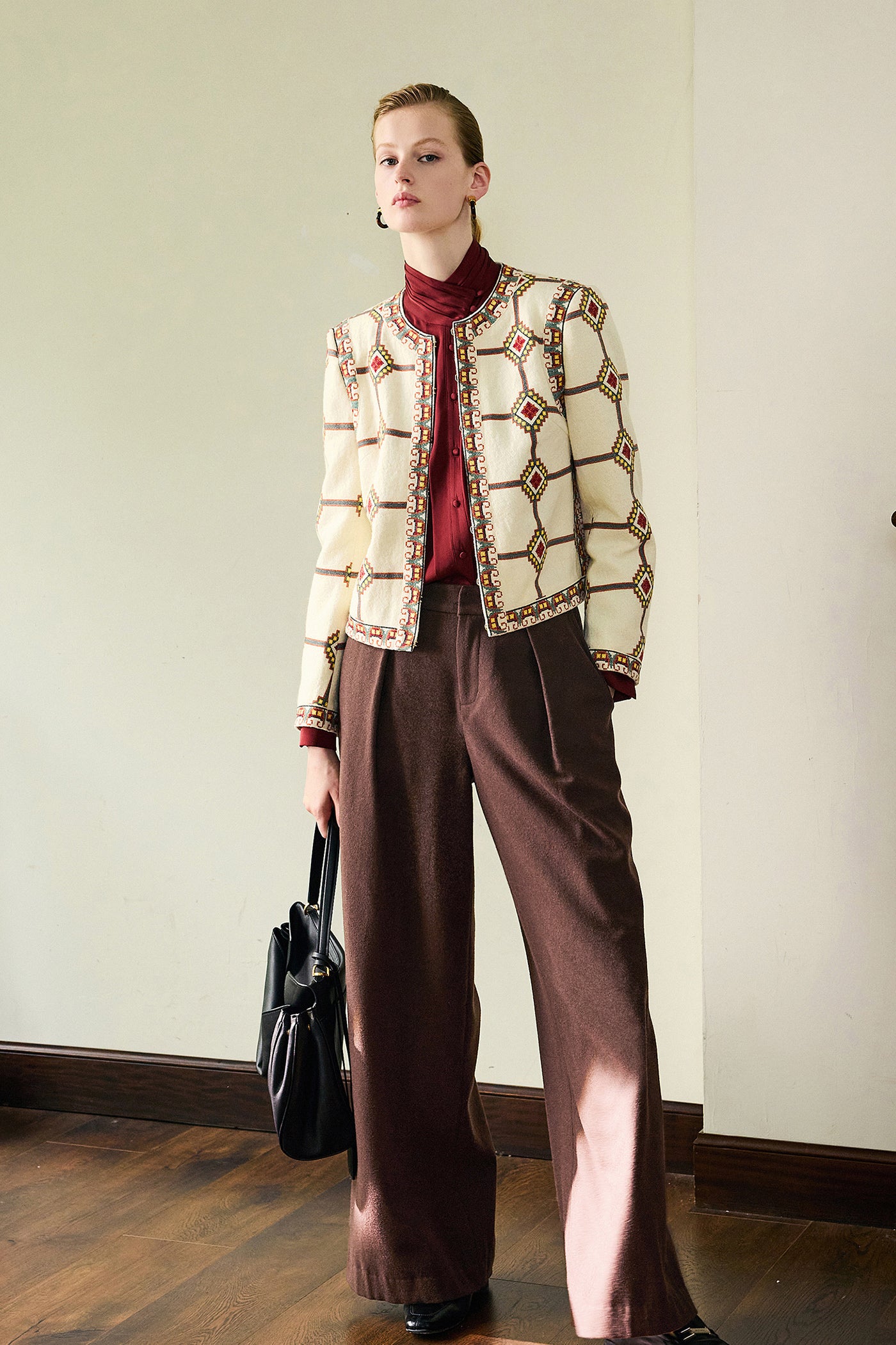 KAMILAN Women's Wool Embroidered Jacket – French Vintage Style Long-Sleeve Coat