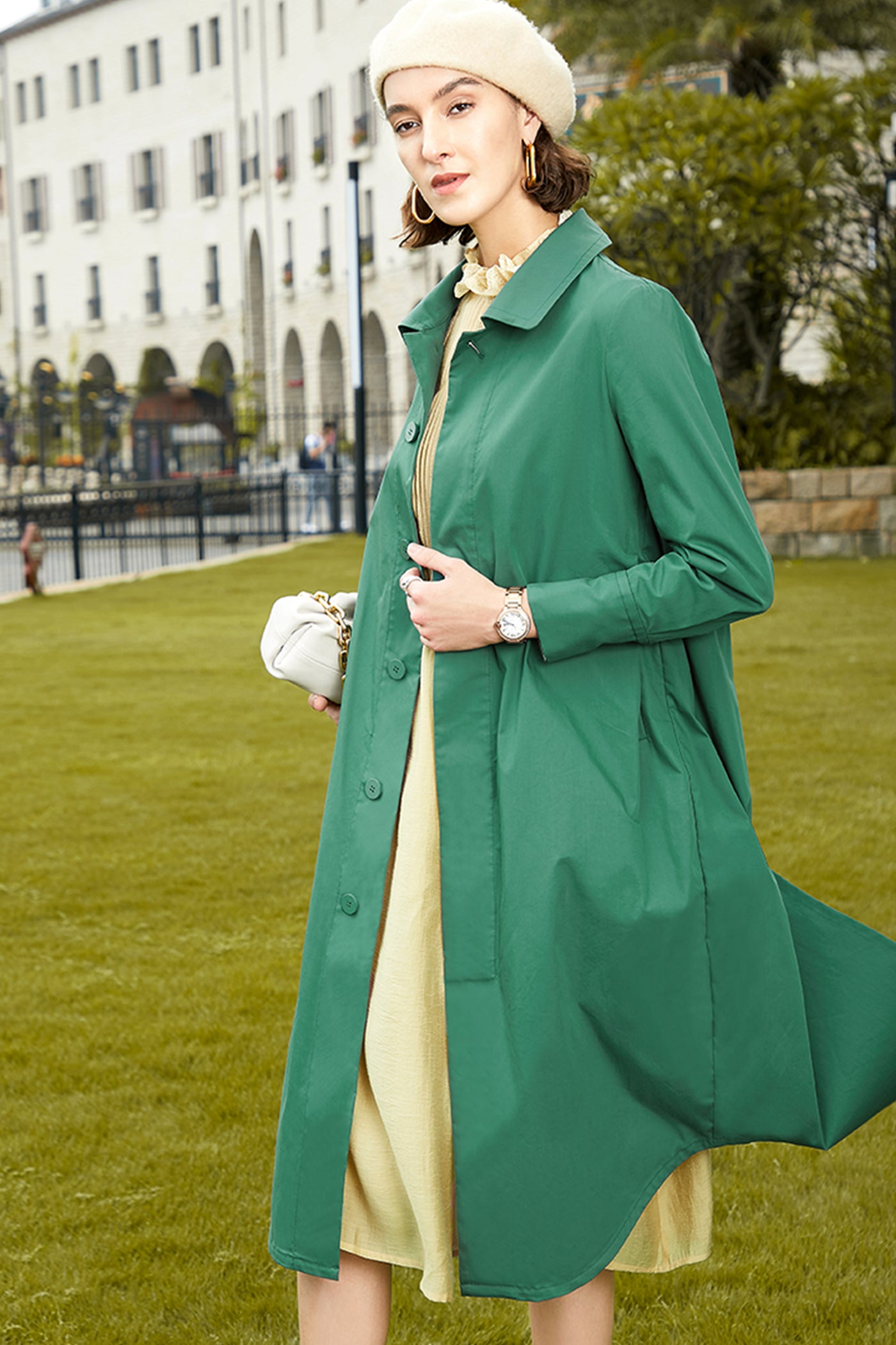 KAMILAN Women's Trench Coat – 2025 Autumn New Casual Mid-Length Long-Sleeve Coat with Small Lapel