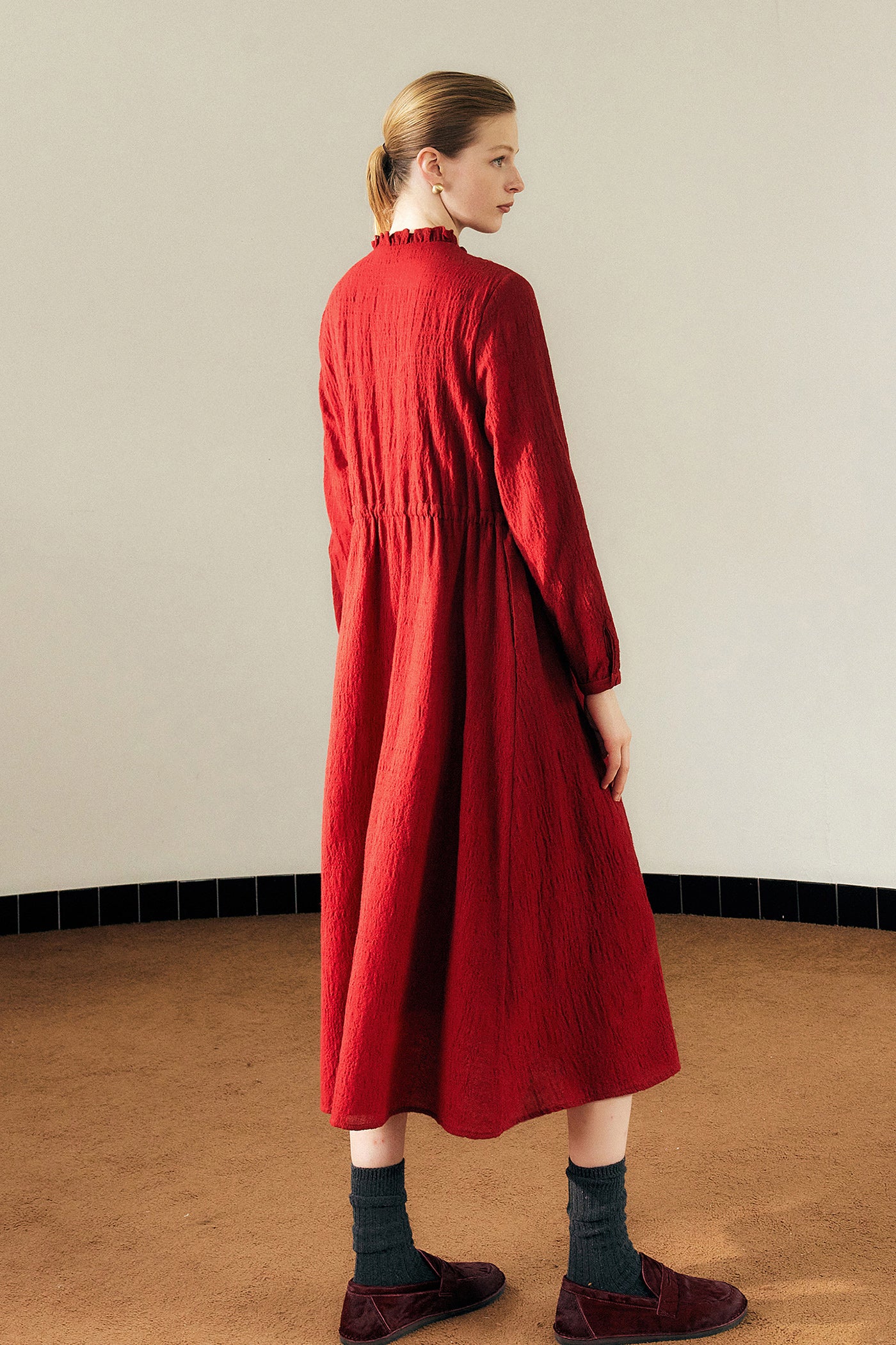 KAMILAN Women's Wool Midi Dress – 2025 Autumn New Red Embroidered Beaded A-Line Dress