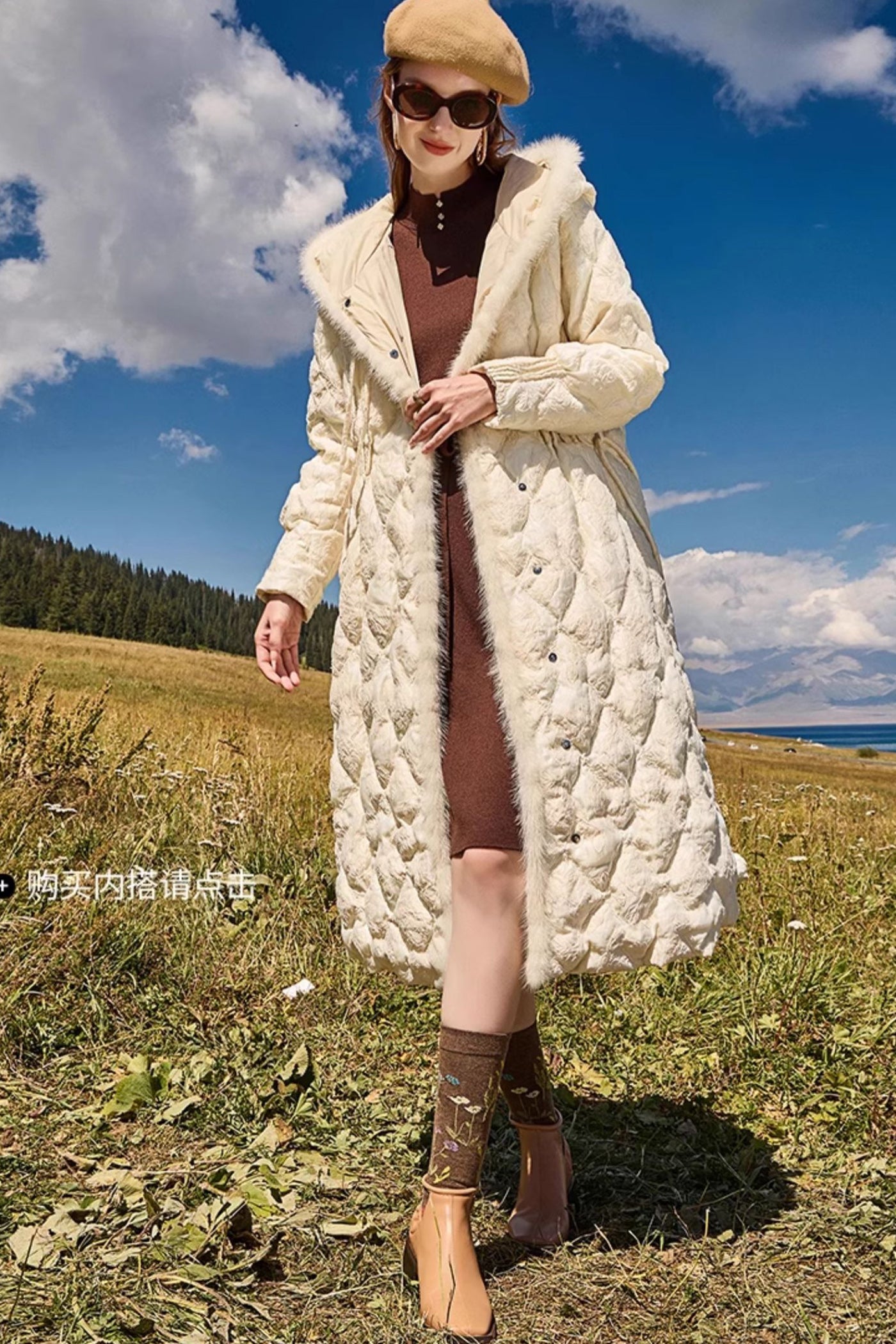 KAMILAN Women's White Goose Down Coat – 2025 Winter New Mid-Length Hooded Down Jacket with Mink Fur Splicing