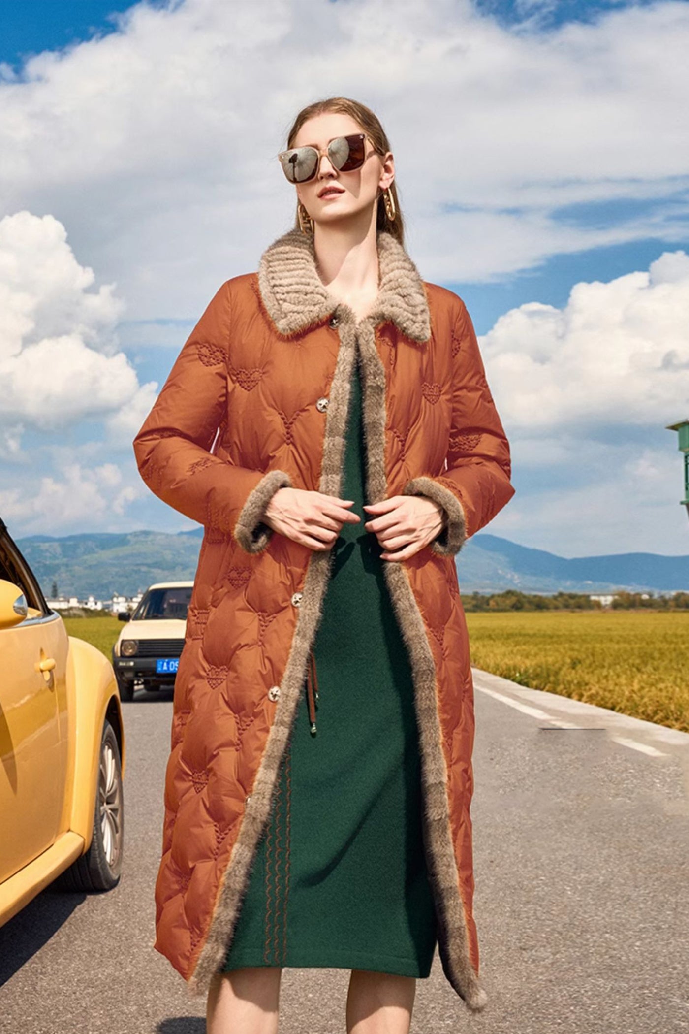 KAMILAN Women's White Goose Down Coat – 2025 Winter New Mid-Length Embroidered Down Jacket with Mink Fur Collar Splicing