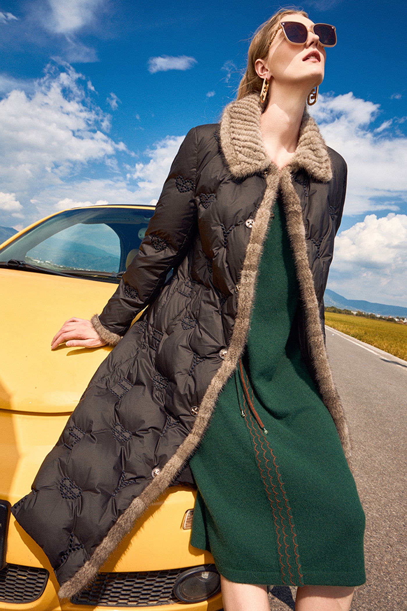 KAMILAN Women's White Goose Down Coat – 2025 Winter New Mid-Length Embroidered Down Jacket with Mink Fur Collar Splicing