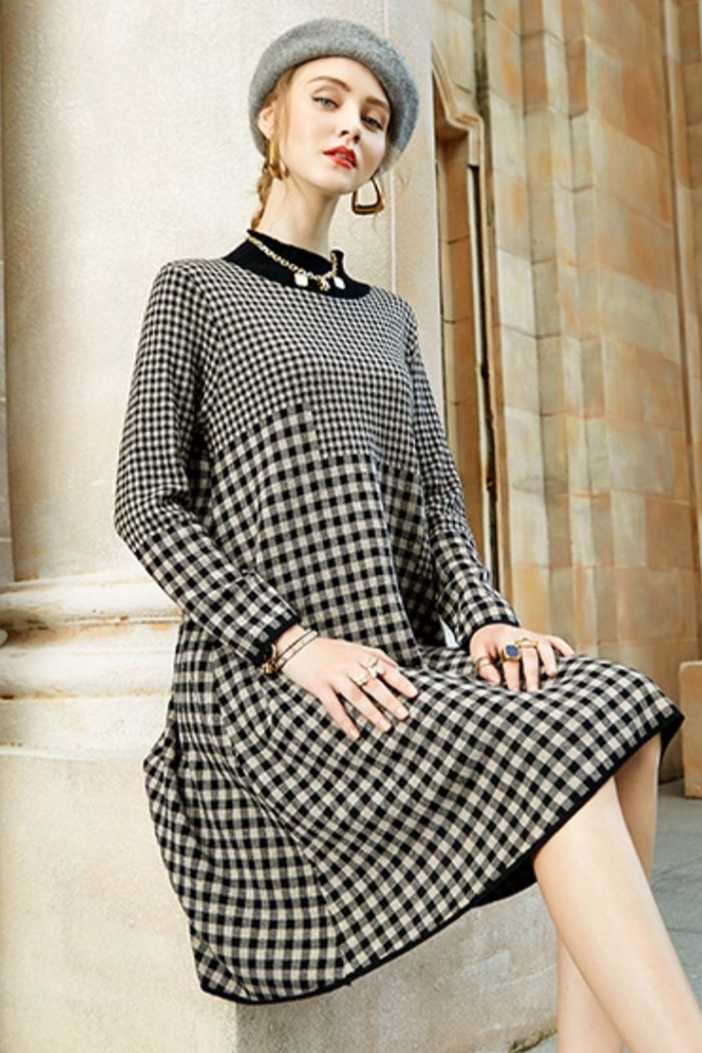 KAMILAN Women's Plaid Knitted Sweater Dress – 2025 Autumn New Mid-Length Long-Sleeve Half-Turtleneck Dress