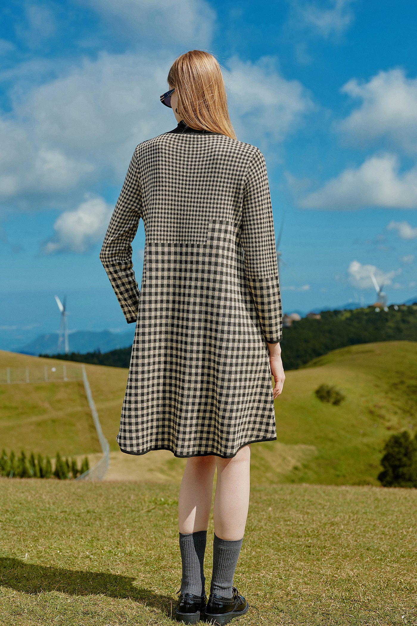 KAMILAN Women's Plaid Knitted Sweater Dress – 2025 Autumn New Mid-Length Long-Sleeve Half-Turtleneck Dress