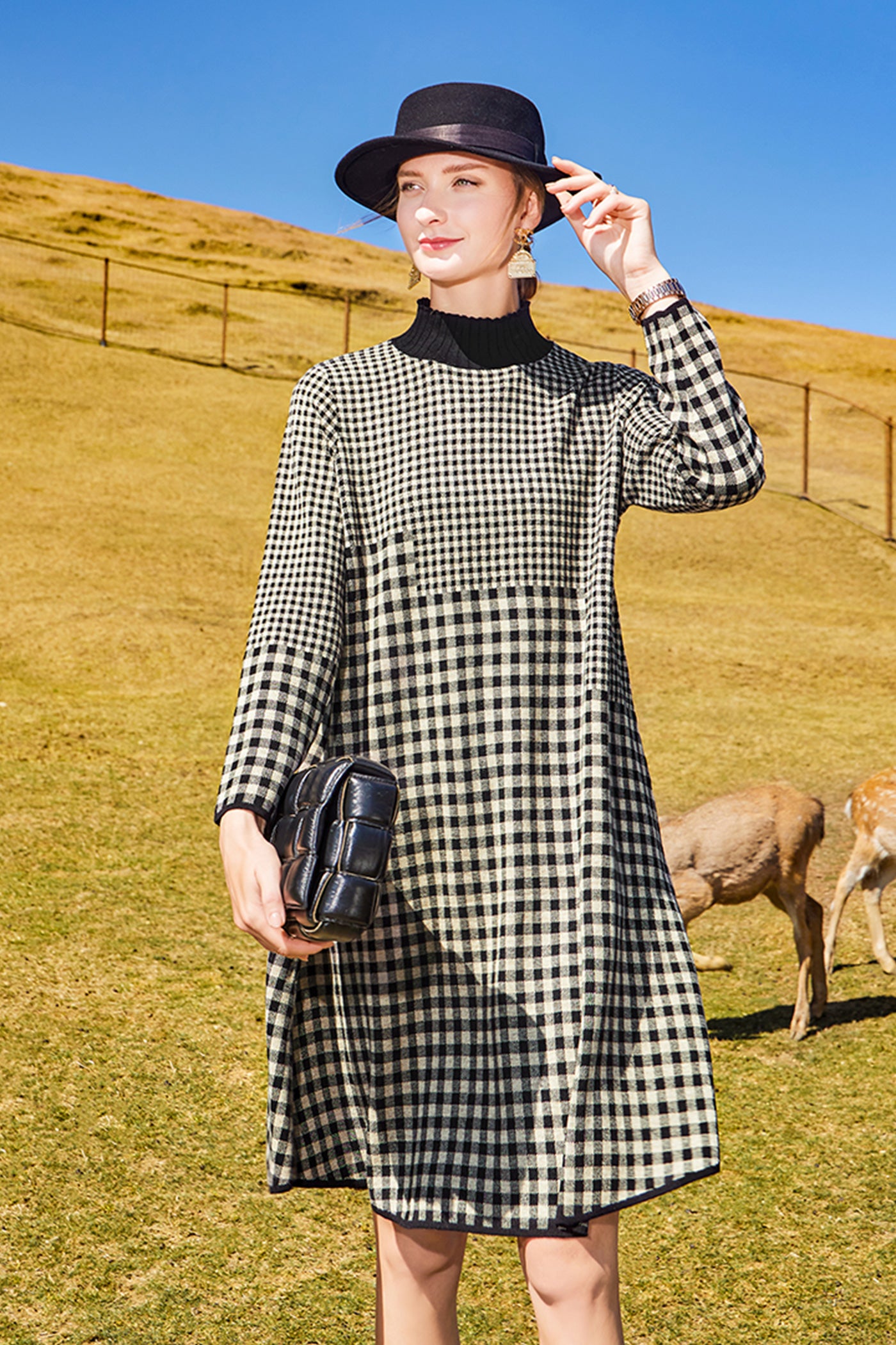 KAMILAN Women's Plaid Knitted Sweater Dress – 2025 Autumn New Mid-Length Long-Sleeve Half-Turtleneck Dress