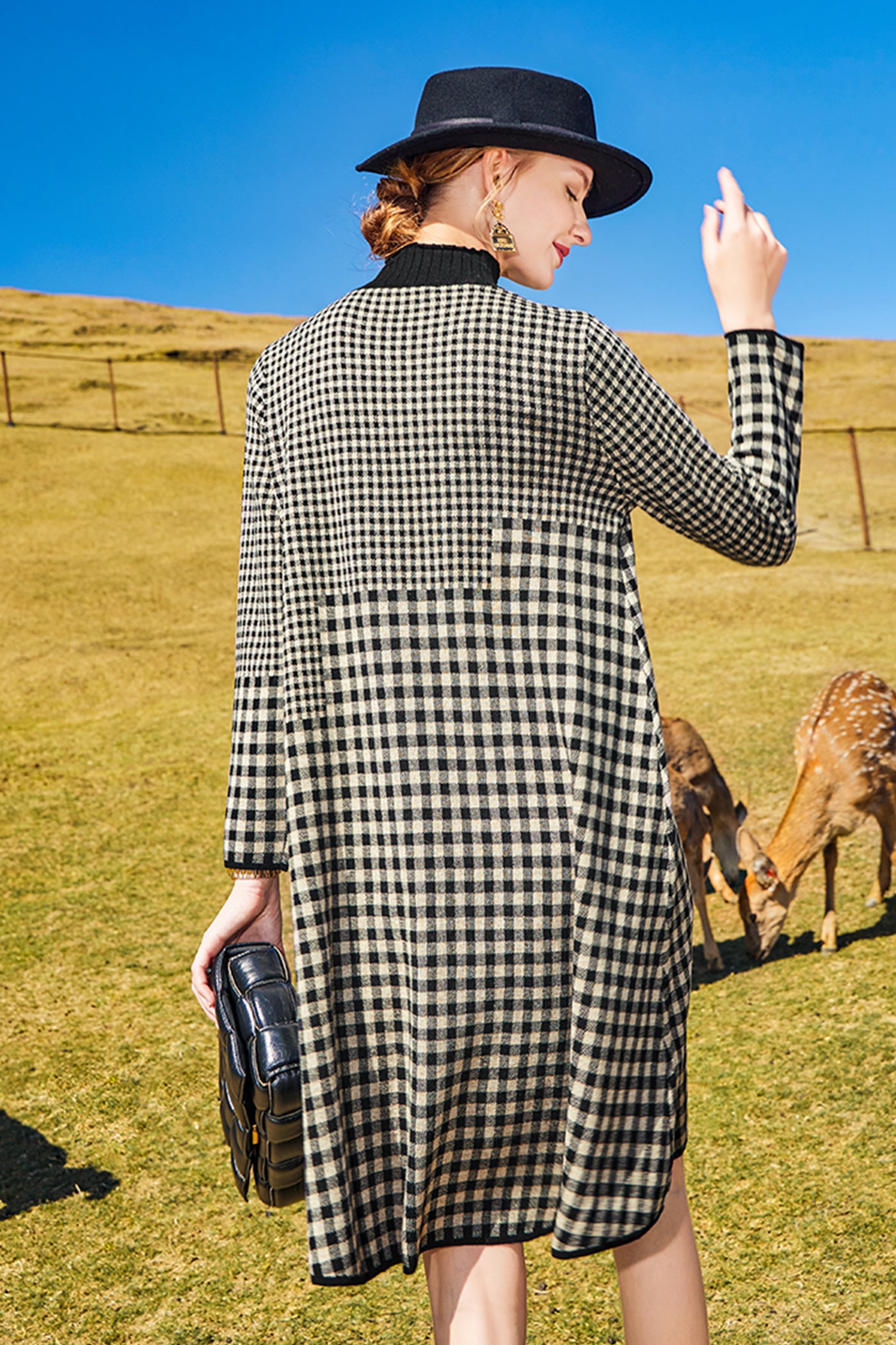 KAMILAN Women's Plaid Knitted Sweater Dress – 2025 Autumn New Mid-Length Long-Sleeve Half-Turtleneck Dress
