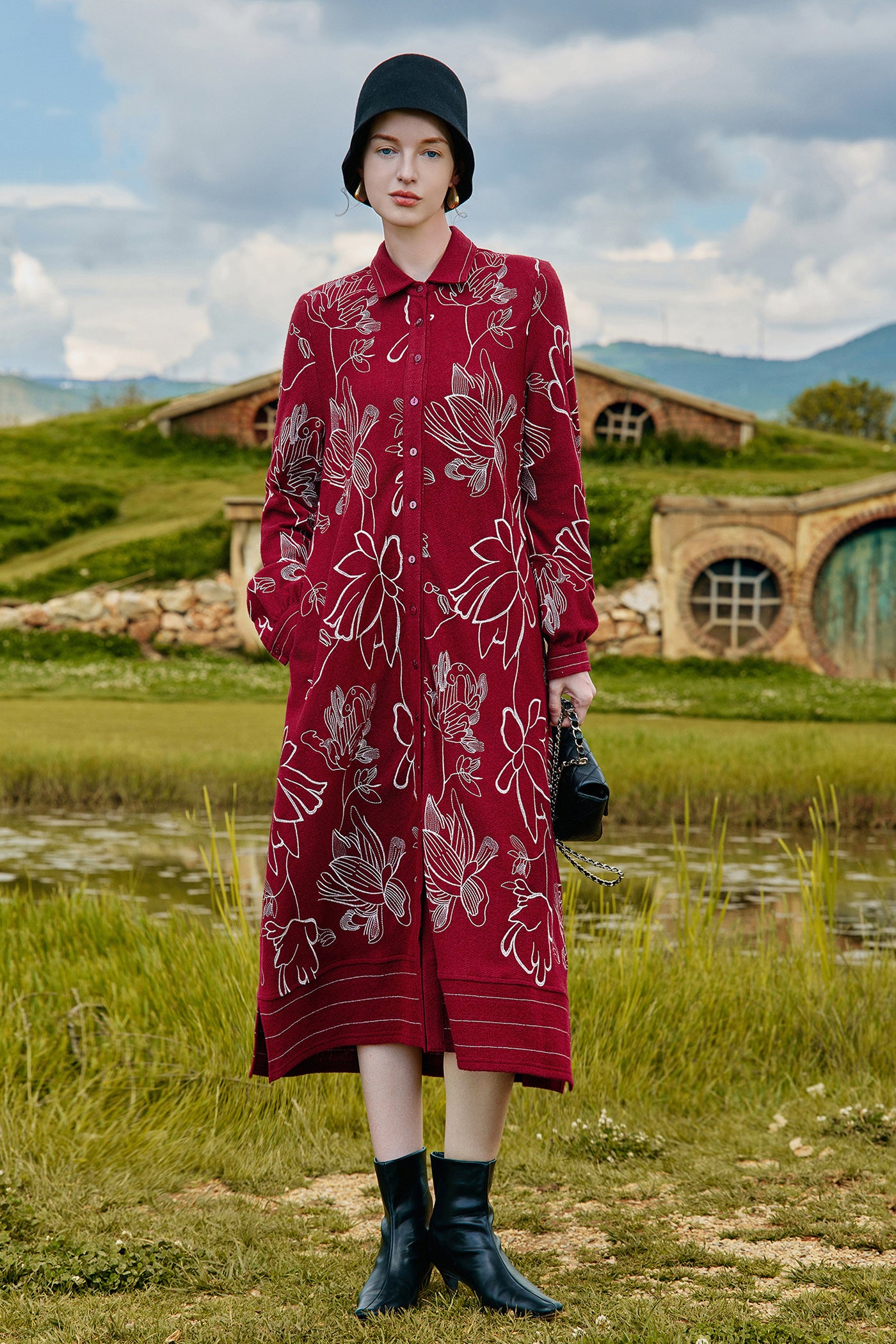KAMILAN Women's Wool Shirt Dress – 2025 Autumn New Red Modern Chinese Style Printed Midi Dress