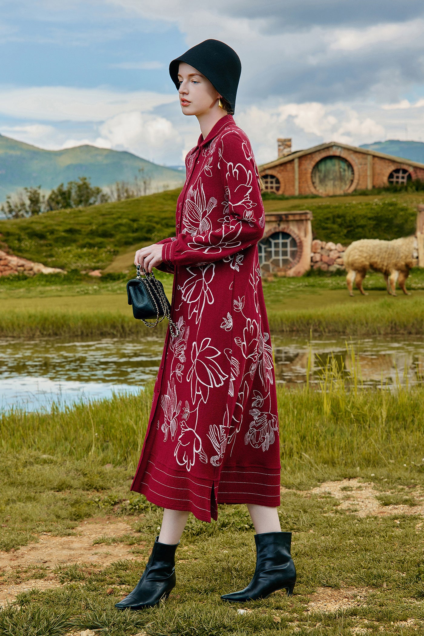 KAMILAN Women's Wool Shirt Dress – 2025 Autumn New Red Modern Chinese Style Printed Midi Dress
