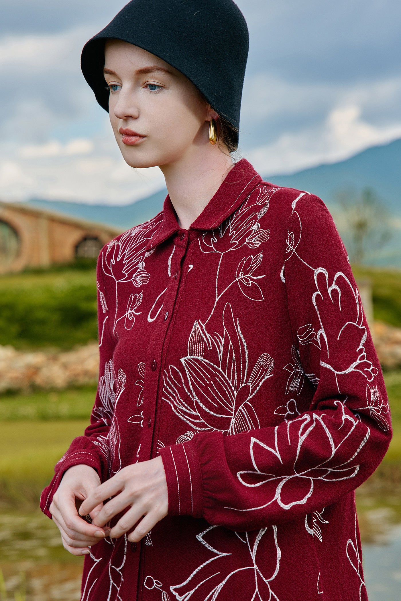 KAMILAN Women's Wool Shirt Dress – 2025 Autumn New Red Modern Chinese Style Printed Midi Dress