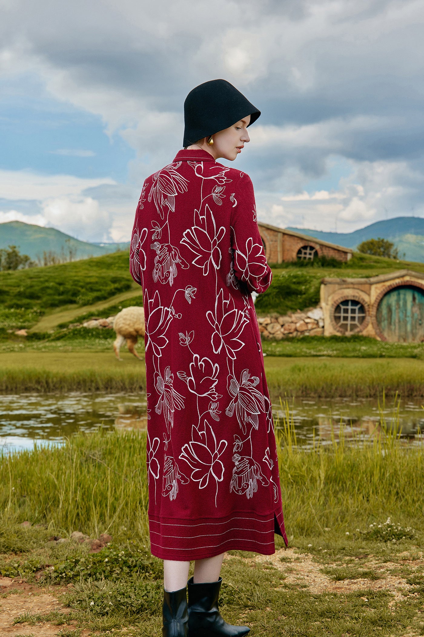 KAMILAN Women's Wool Shirt Dress – 2025 Autumn New Red Modern Chinese Style Printed Midi Dress