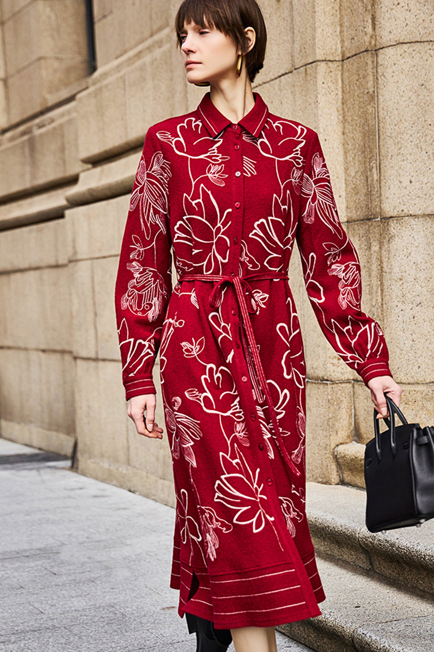 KAMILAN Women's Wool Shirt Dress – 2025 Autumn New Red Modern Chinese Style Printed Midi Dress