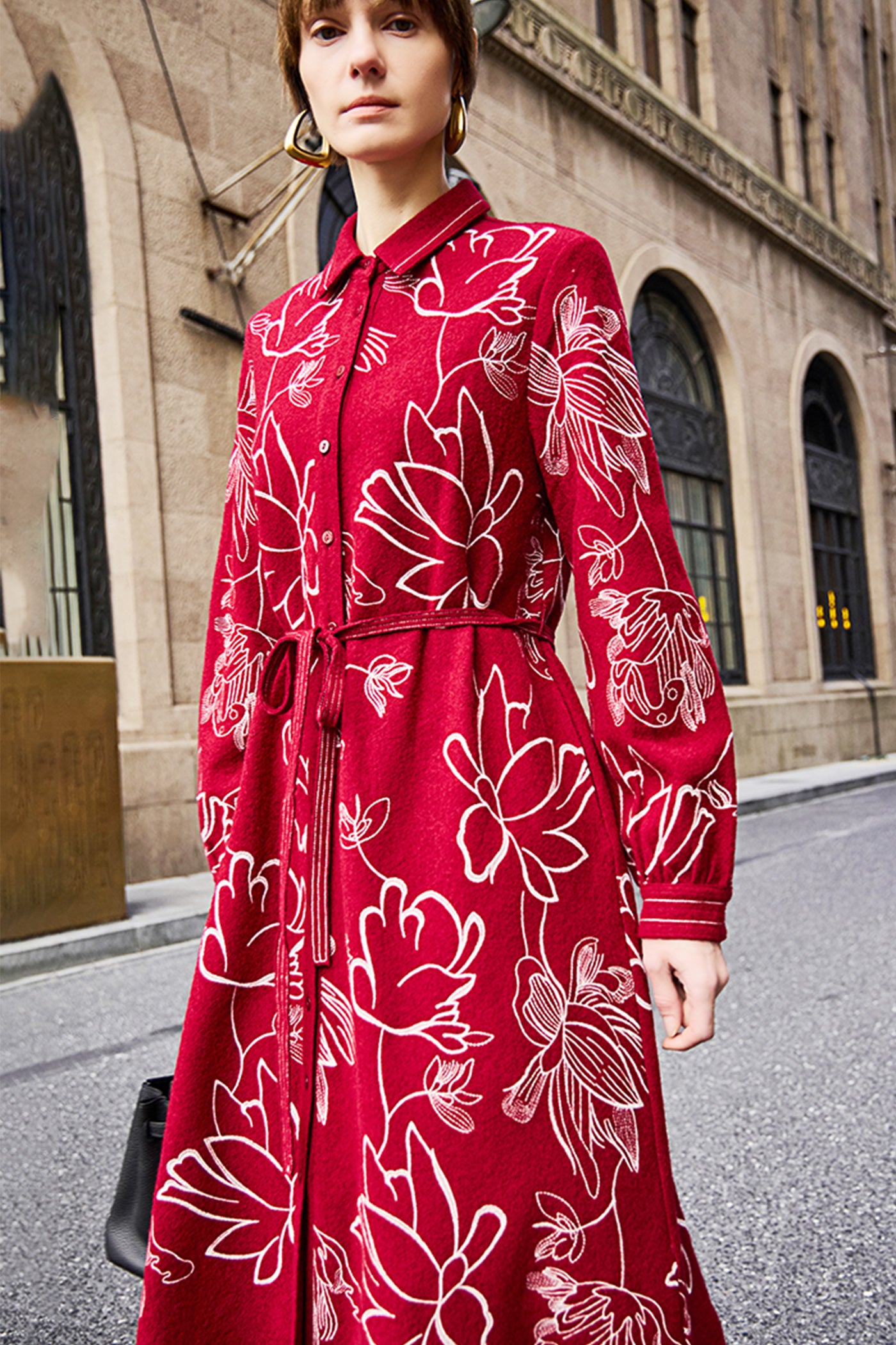 KAMILAN Women's Wool Shirt Dress – 2025 Autumn New Red Modern Chinese Style Printed Midi Dress
