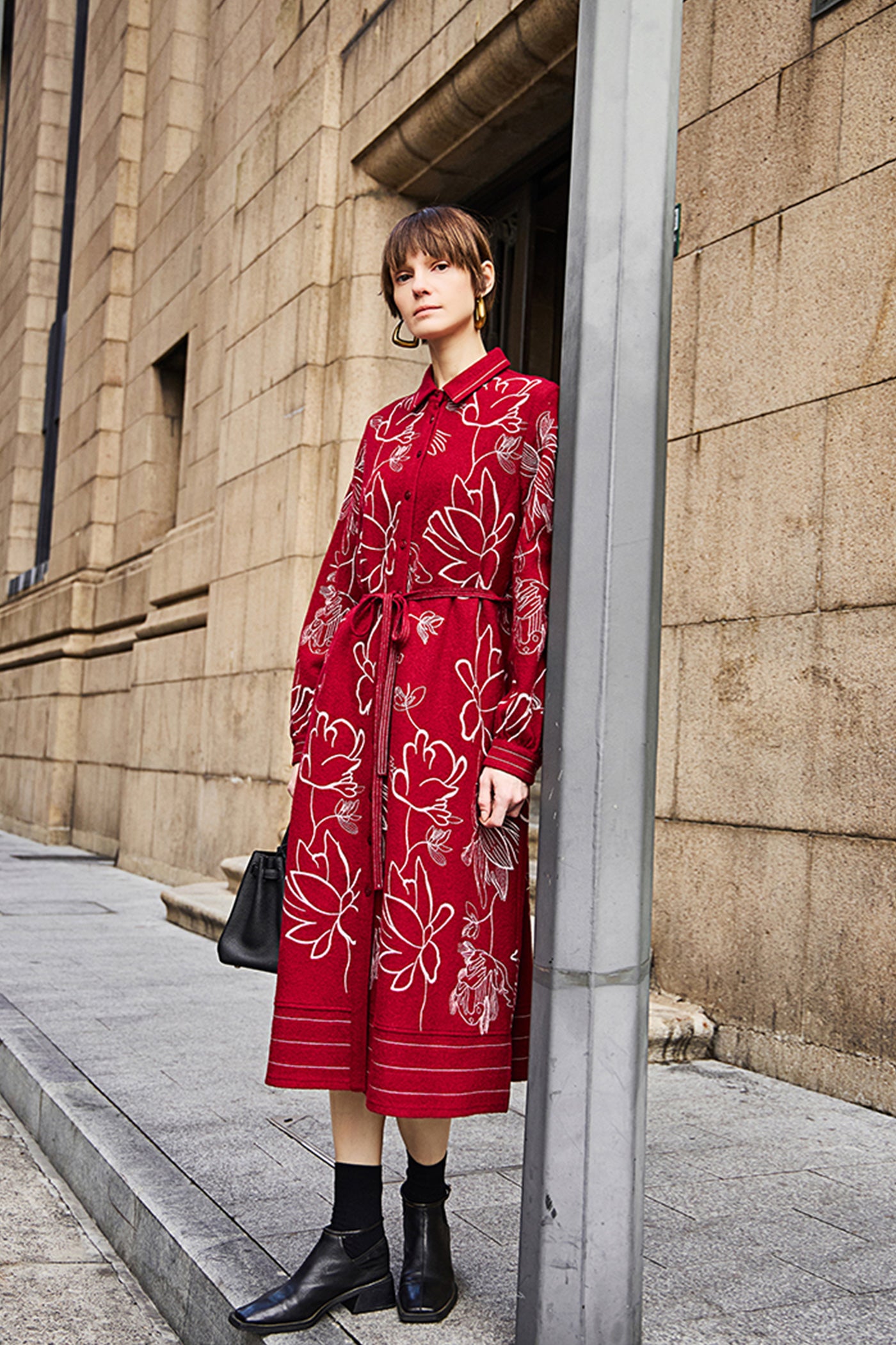 KAMILAN Women's Wool Shirt Dress – 2025 Autumn New Red Modern Chinese Style Printed Midi Dress