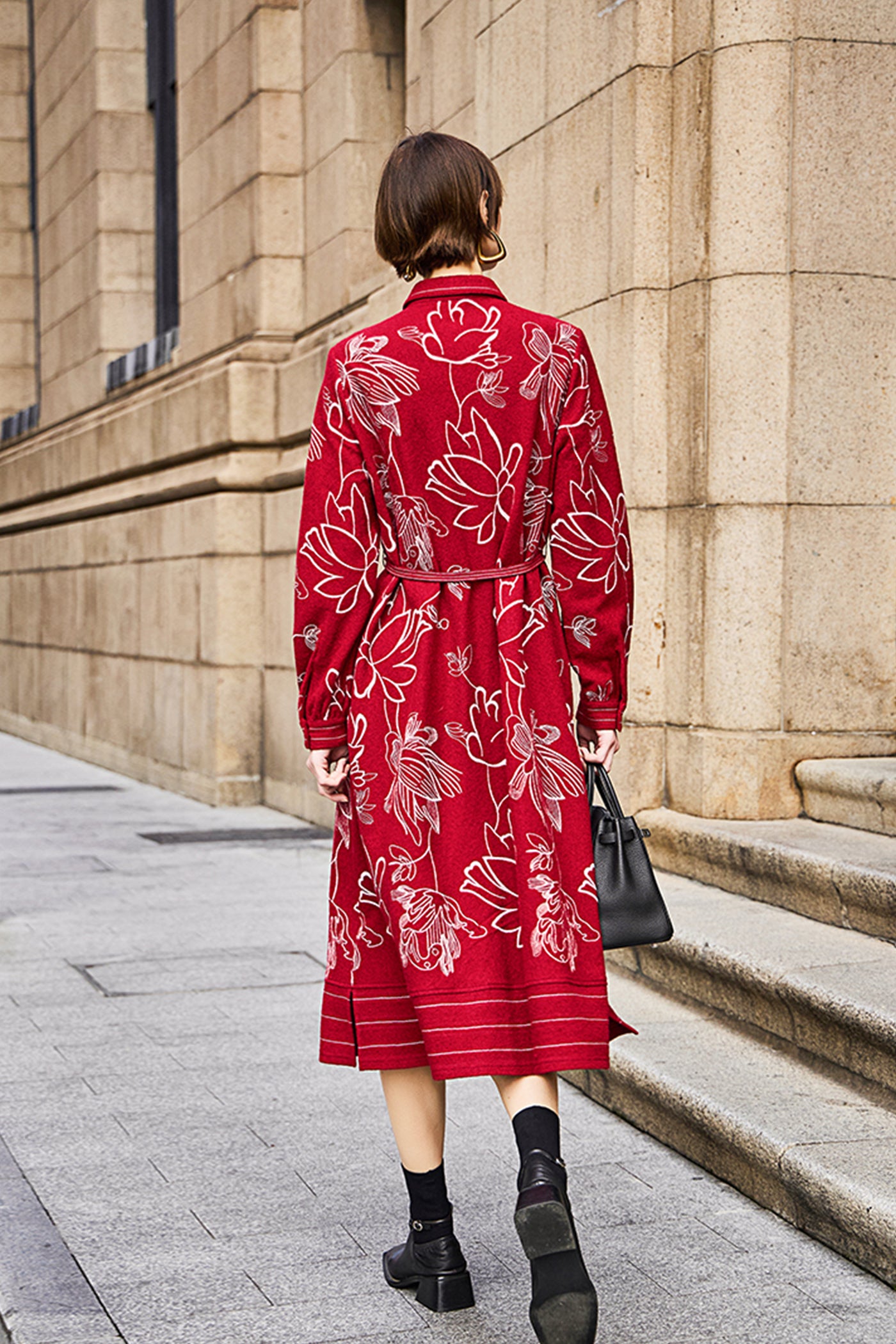 KAMILAN Women's Wool Shirt Dress – 2025 Autumn New Red Modern Chinese Style Printed Midi Dress