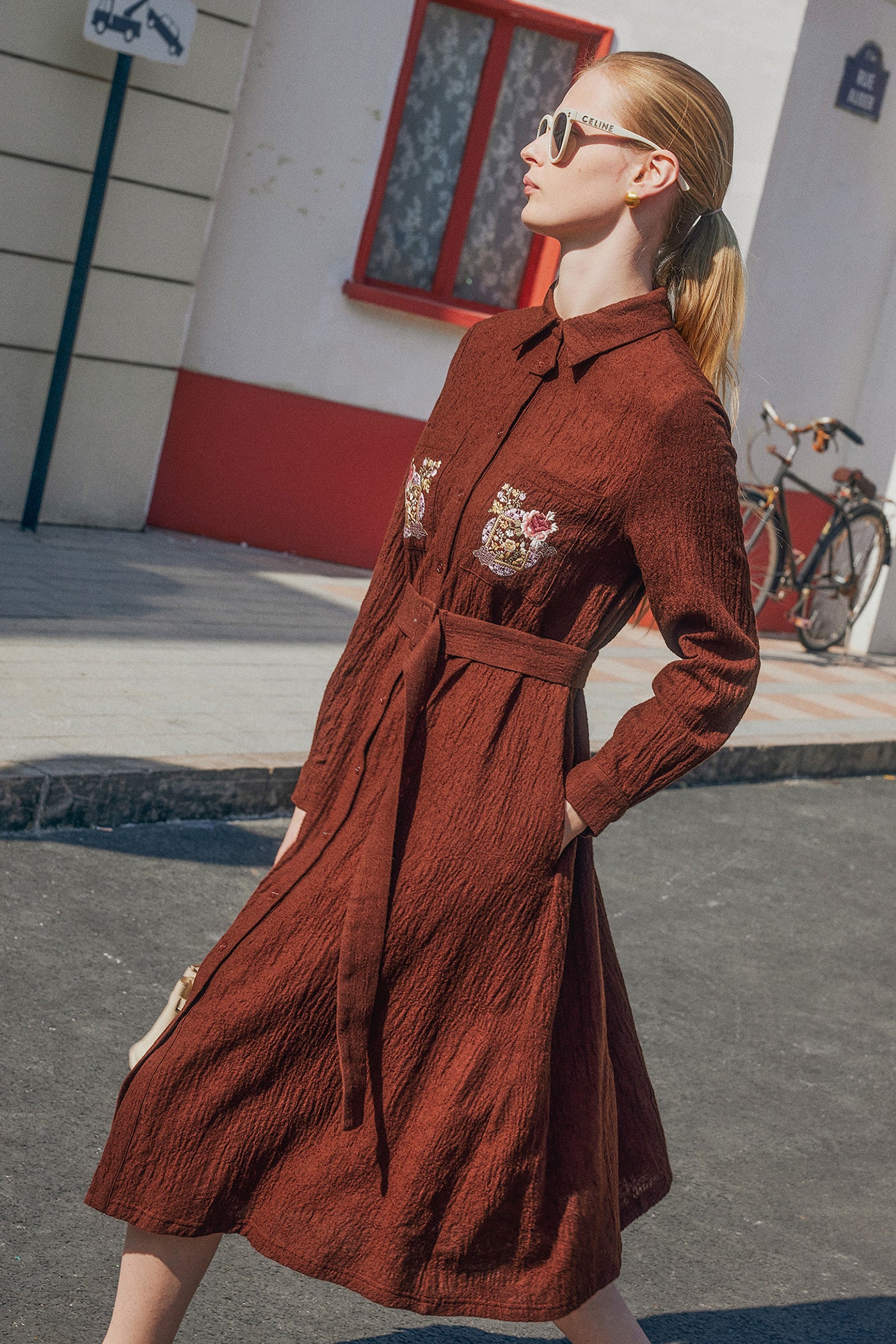 KAMILAN Women's Wool Midi Dress – 2025 Autumn New High-Waist Embroidered Shirt Dress