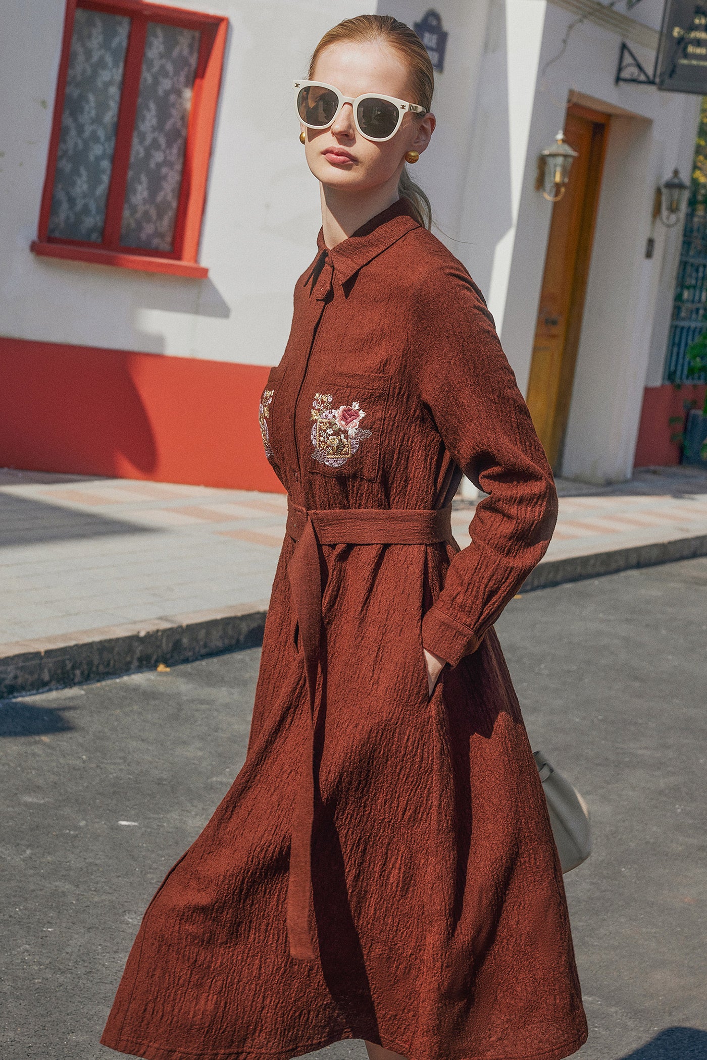 KAMILAN Women's Wool Midi Dress – 2025 Autumn New High-Waist Embroidered Shirt Dress