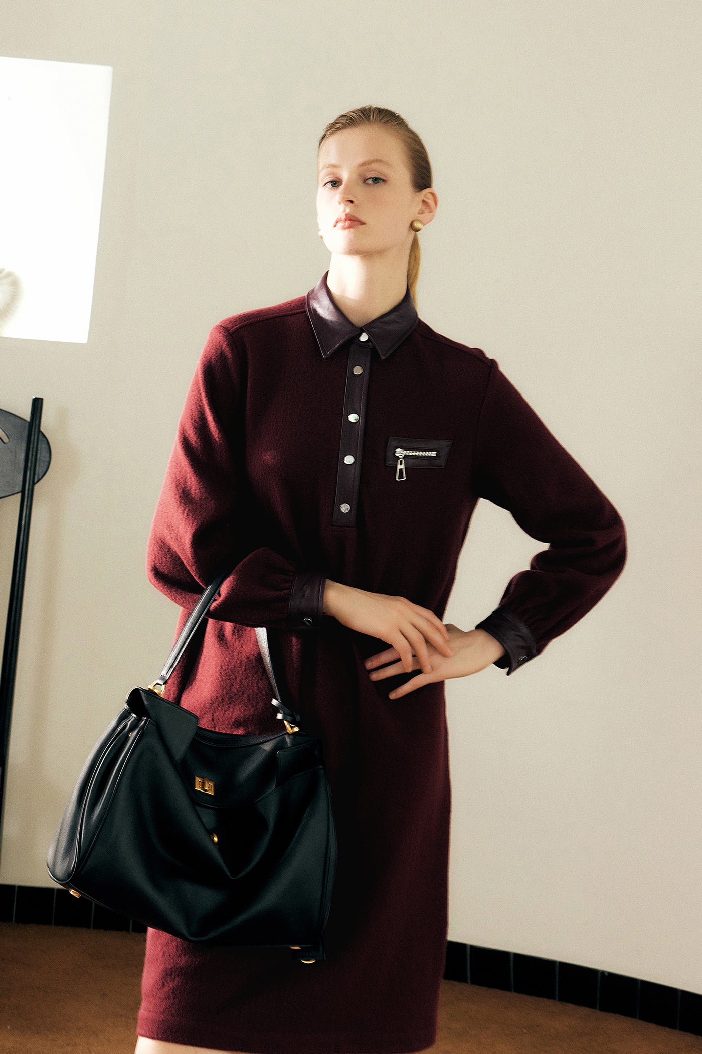 KAMILAN Women's Wool Midi Dress – 2025 Autumn New Genuine Leather Splice Long-Sleeve Dress