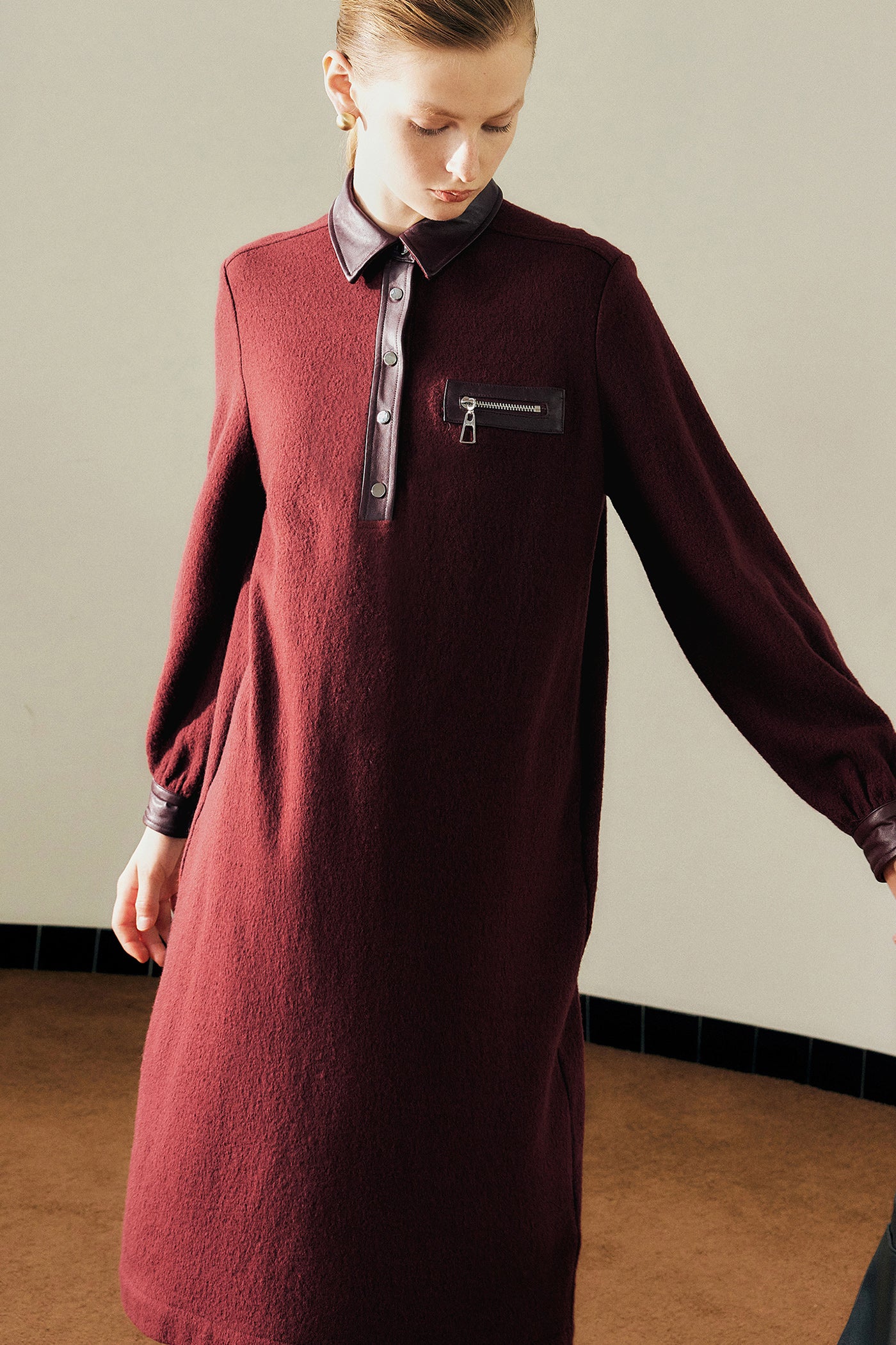 KAMILAN Women's Wool Midi Dress – 2025 Autumn New Genuine Leather Splice Long-Sleeve Dress