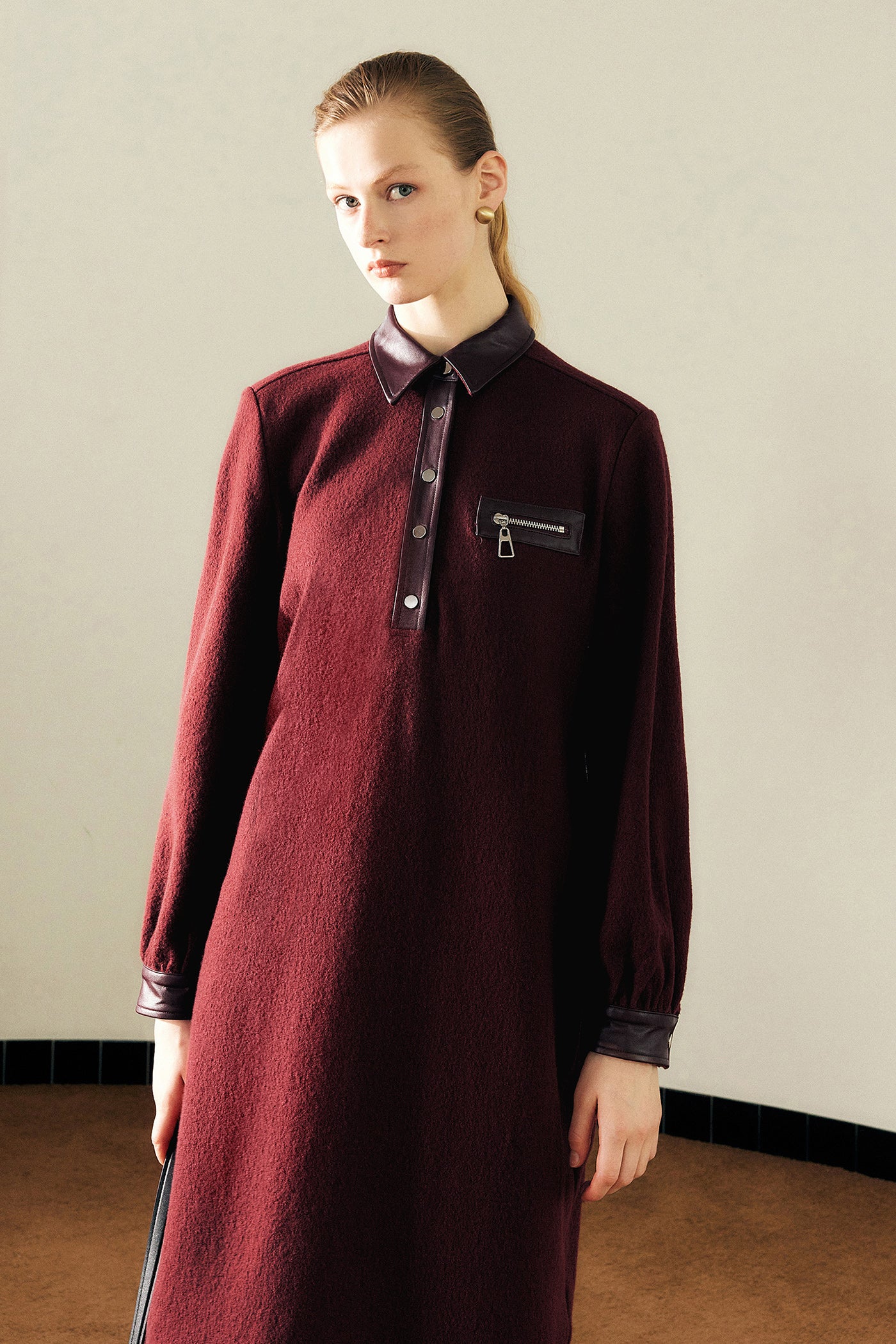 KAMILAN Women's Wool Midi Dress – 2025 Autumn New Genuine Leather Splice Long-Sleeve Dress