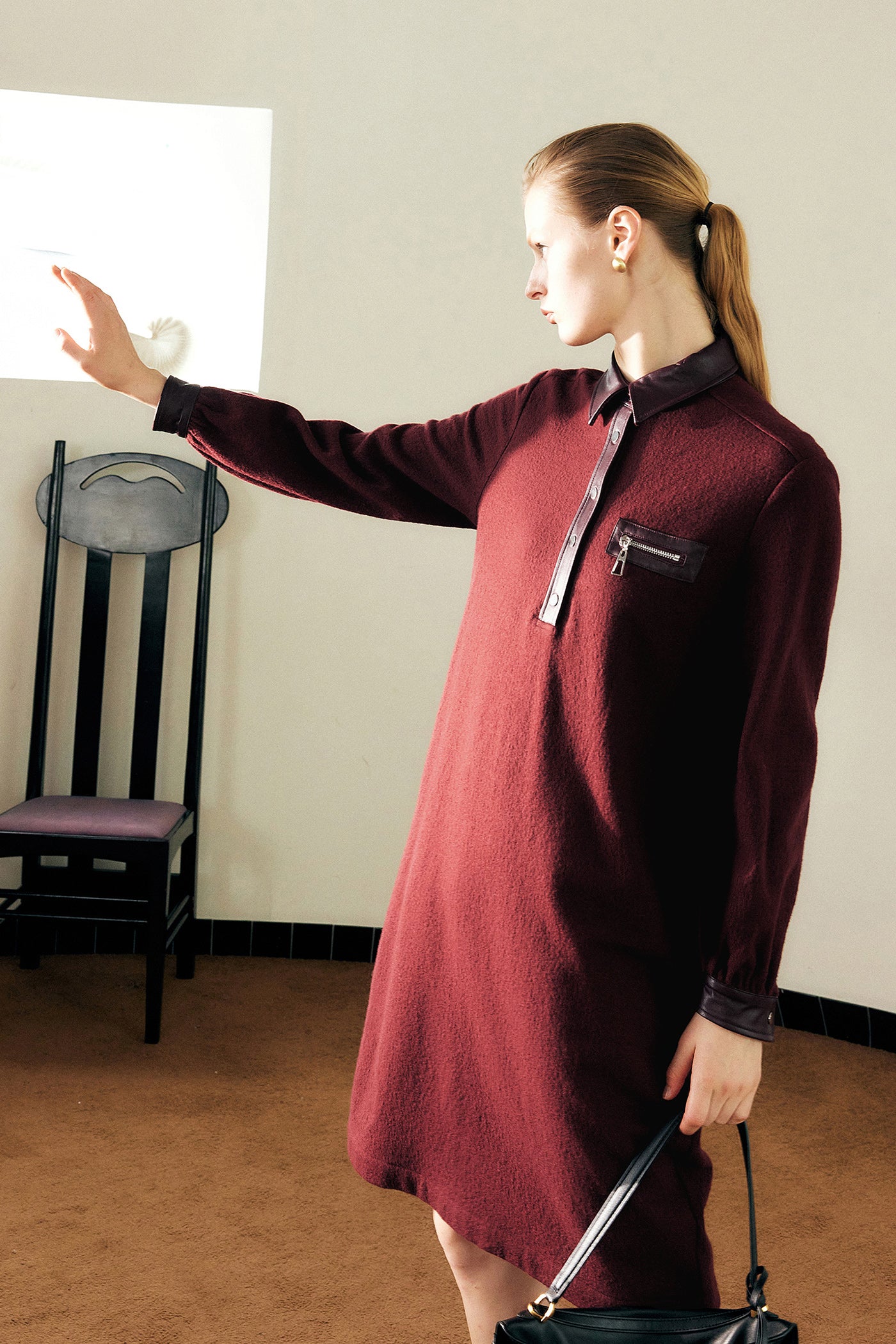 KAMILAN Women's Wool Midi Dress – 2025 Autumn New Genuine Leather Splice Long-Sleeve Dress
