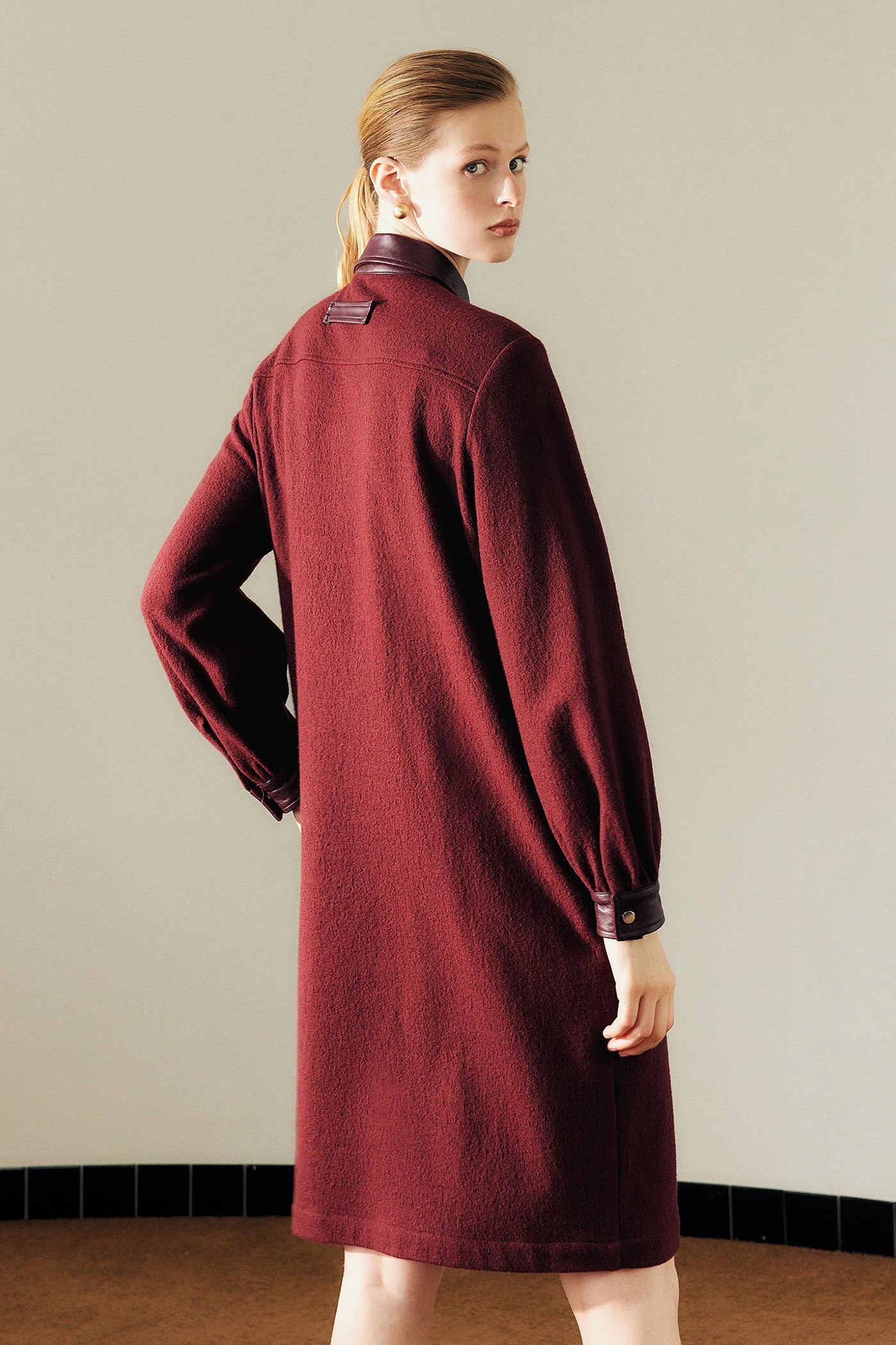 KAMILAN Women's Wool Midi Dress – 2025 Autumn New Genuine Leather Splice Long-Sleeve Dress