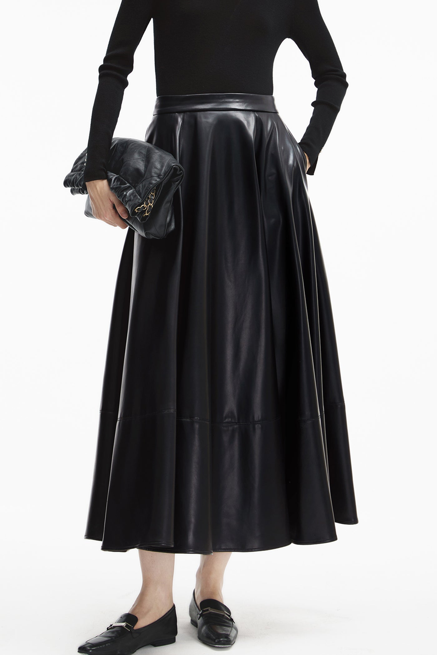 KAMILAN Women's High-Waist Midi Skirt – 2025 Winter New Faux Leather PU Skirt Elegant A-Line Bottom