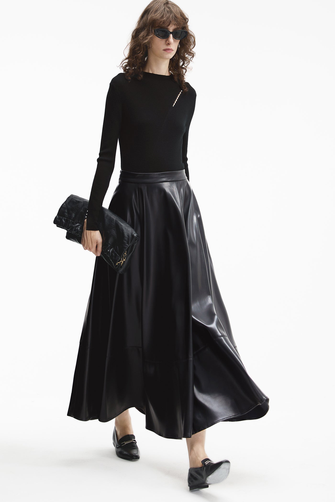 KAMILAN Women's High-Waist Midi Skirt – 2025 Winter New Faux Leather PU Skirt Elegant A-Line Bottom