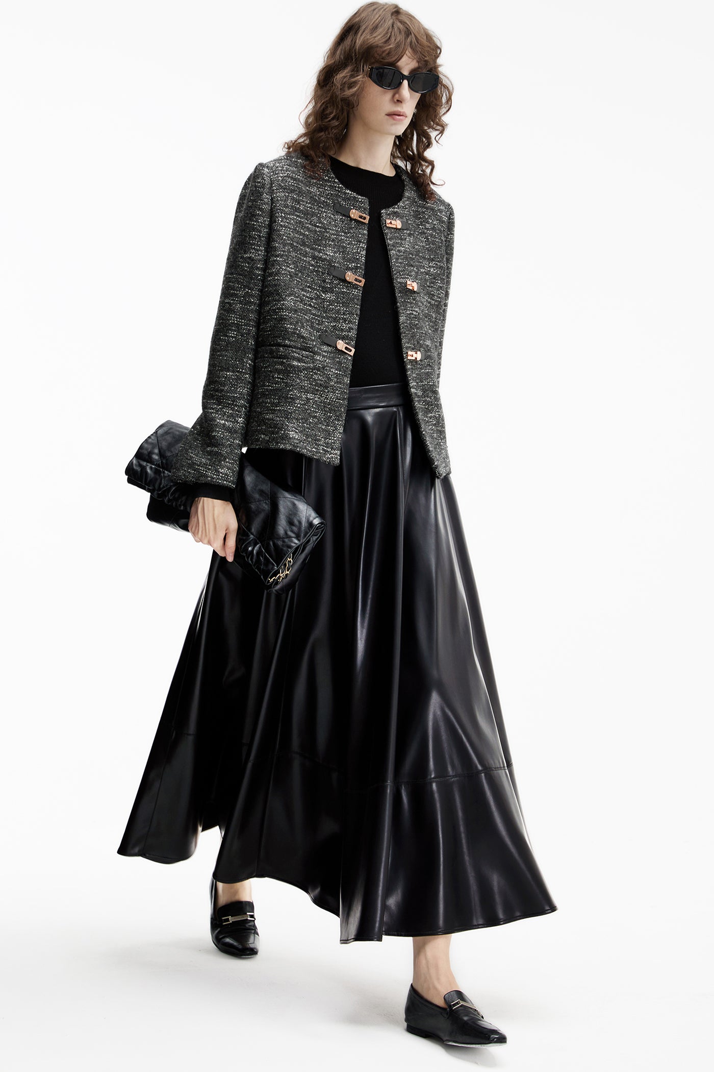 KAMILAN Women's High-Waist Midi Skirt – 2025 Winter New Faux Leather PU Skirt Elegant A-Line Bottom