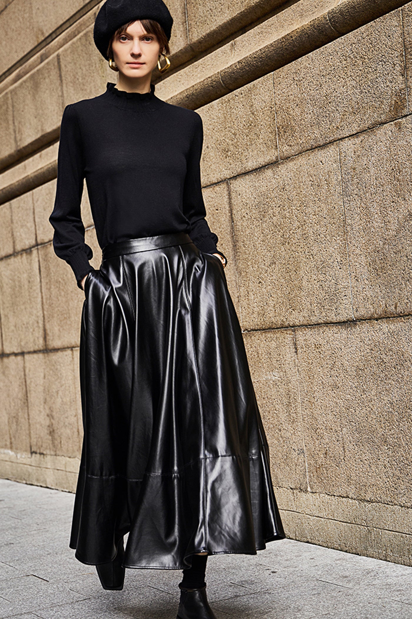 KAMILAN Women's High-Waist Midi Skirt – 2025 Winter New Faux Leather PU Skirt Elegant A-Line Bottom