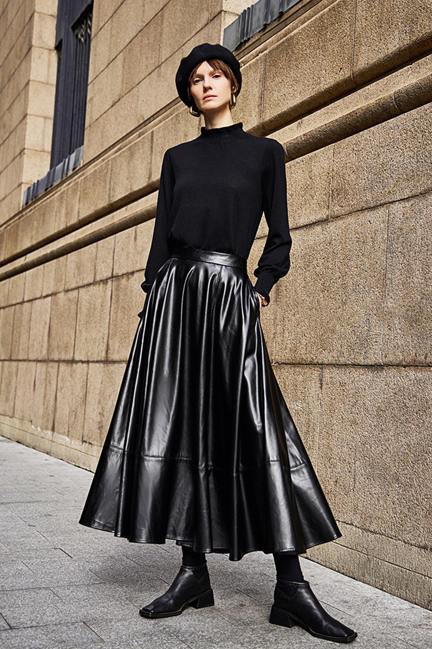 KAMILAN Women's High-Waist Midi Skirt – 2025 Winter New Faux Leather PU Skirt Elegant A-Line Bottom
