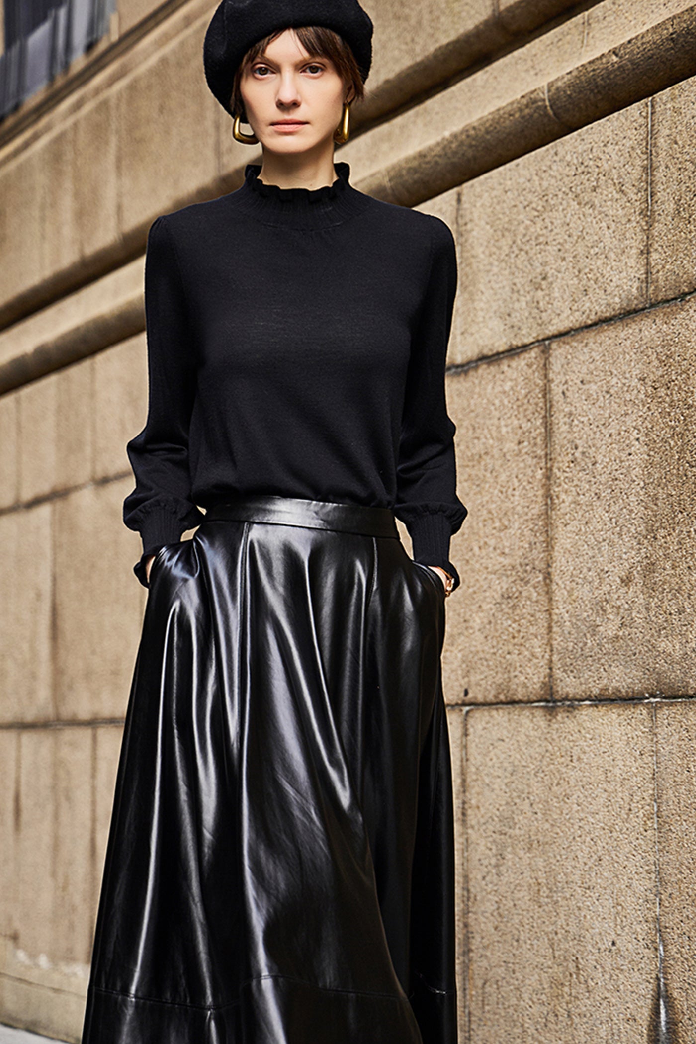 KAMILAN Women's High-Waist Midi Skirt – 2025 Winter New Faux Leather PU Skirt Elegant A-Line Bottom
