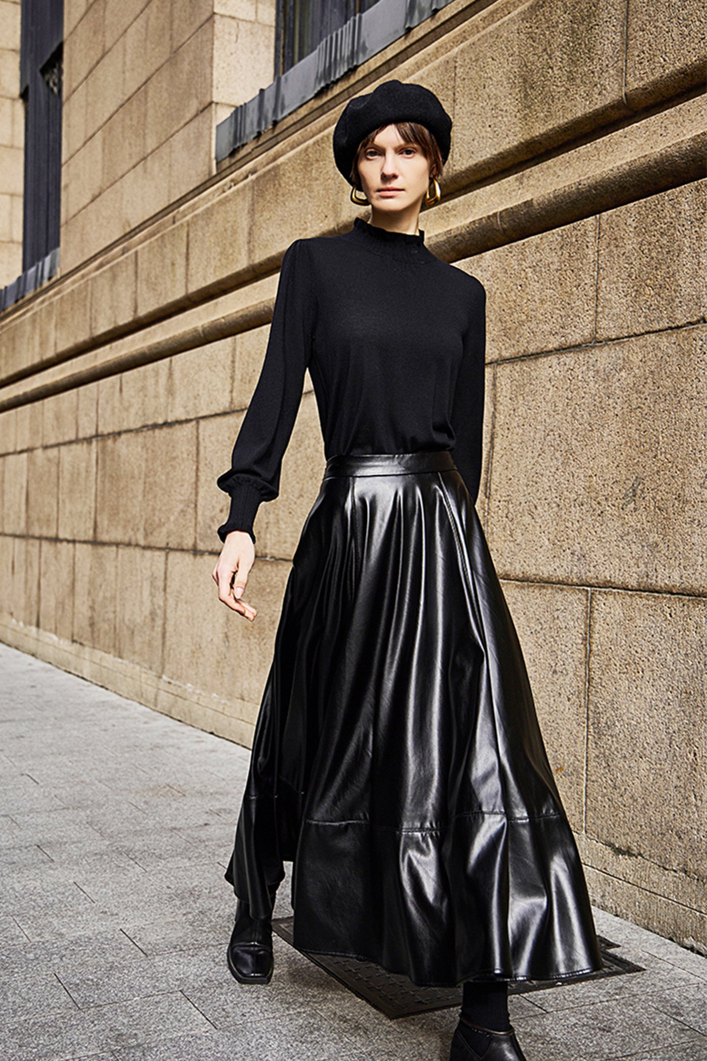 KAMILAN Women's High-Waist Midi Skirt – 2025 Winter New Faux Leather PU Skirt Elegant A-Line Bottom
