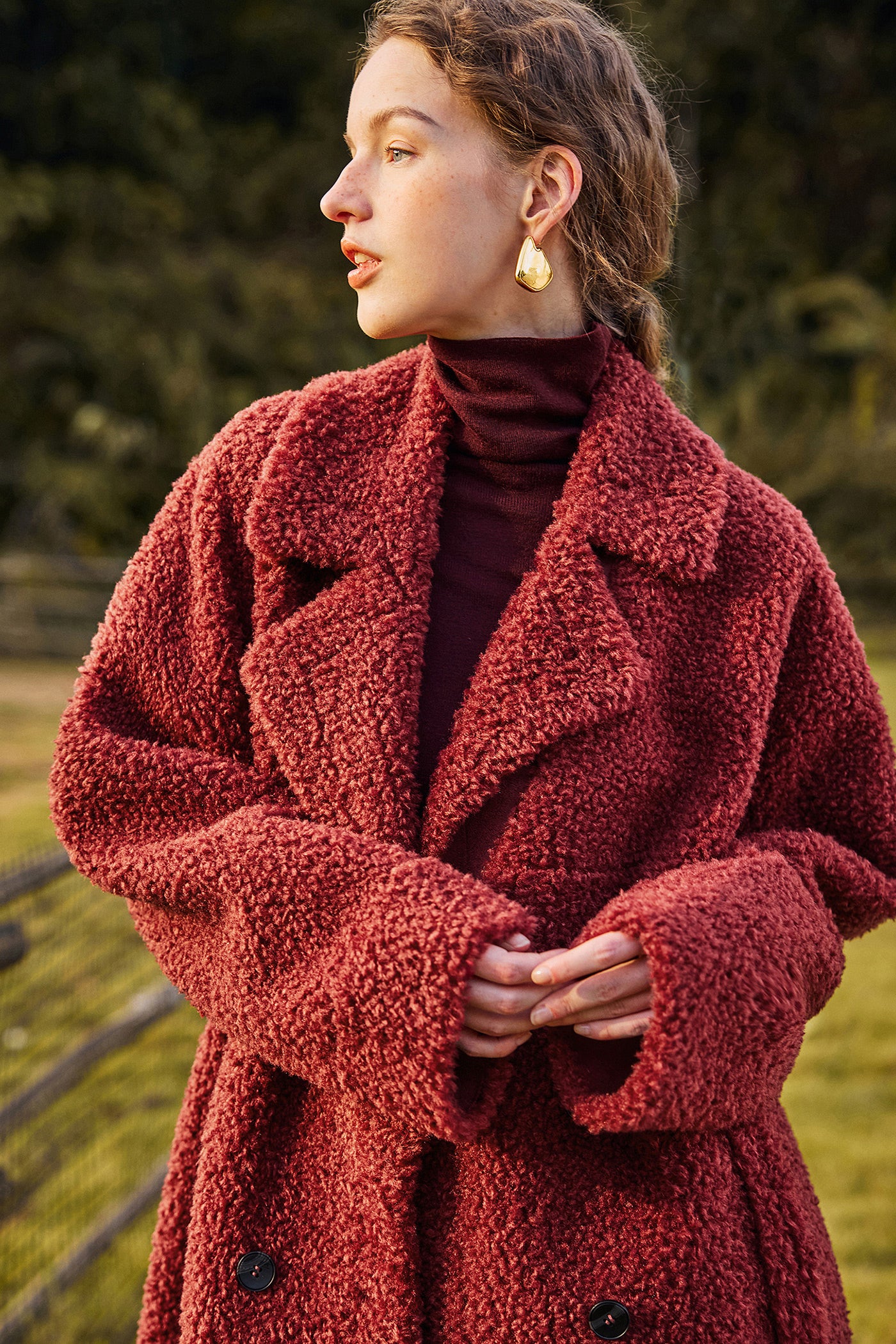 KAMILAN Women's Angola Red Faux Fur Coat – 2025 Winter New Mid-Length Oversized Warm Outerwear