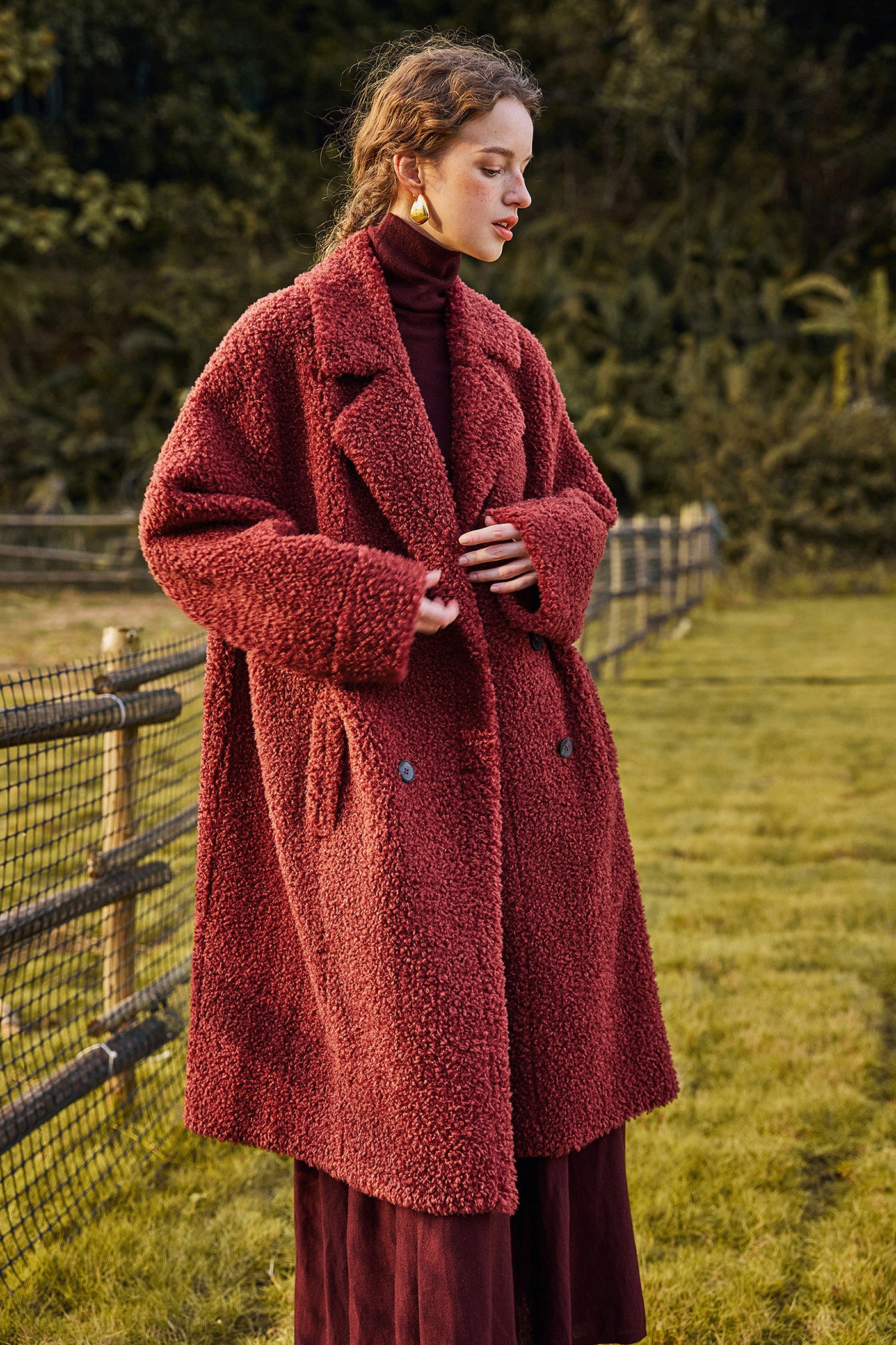 KAMILAN Women's Angola Red Faux Fur Coat – 2025 Winter New Mid-Length Oversized Warm Outerwear