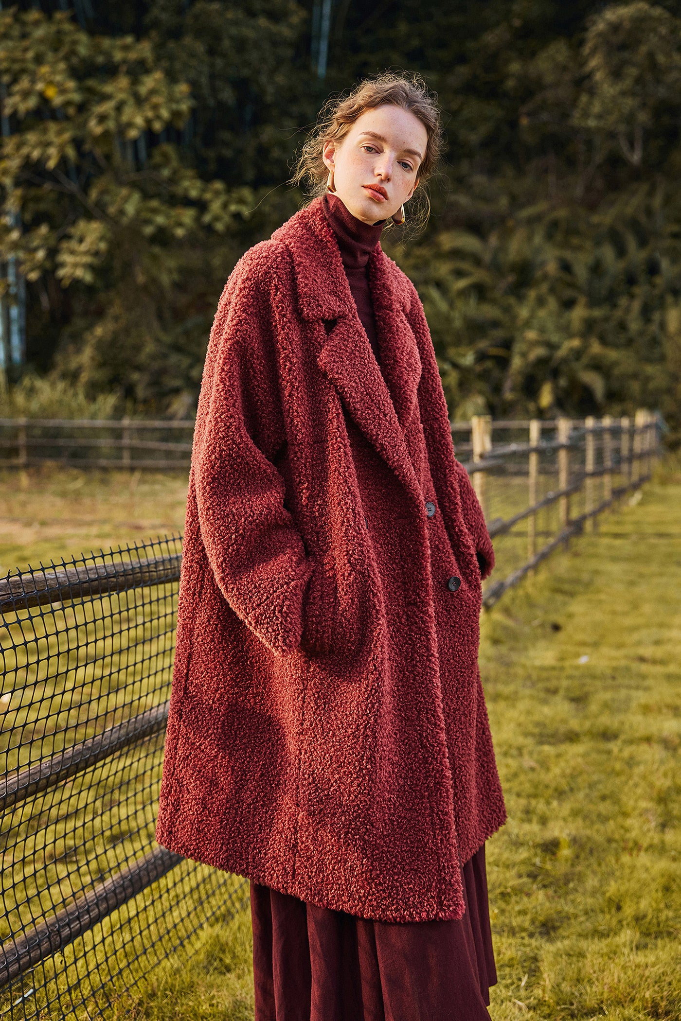 KAMILAN Women's Angola Red Faux Fur Coat – 2025 Winter New Mid-Length Oversized Warm Outerwear