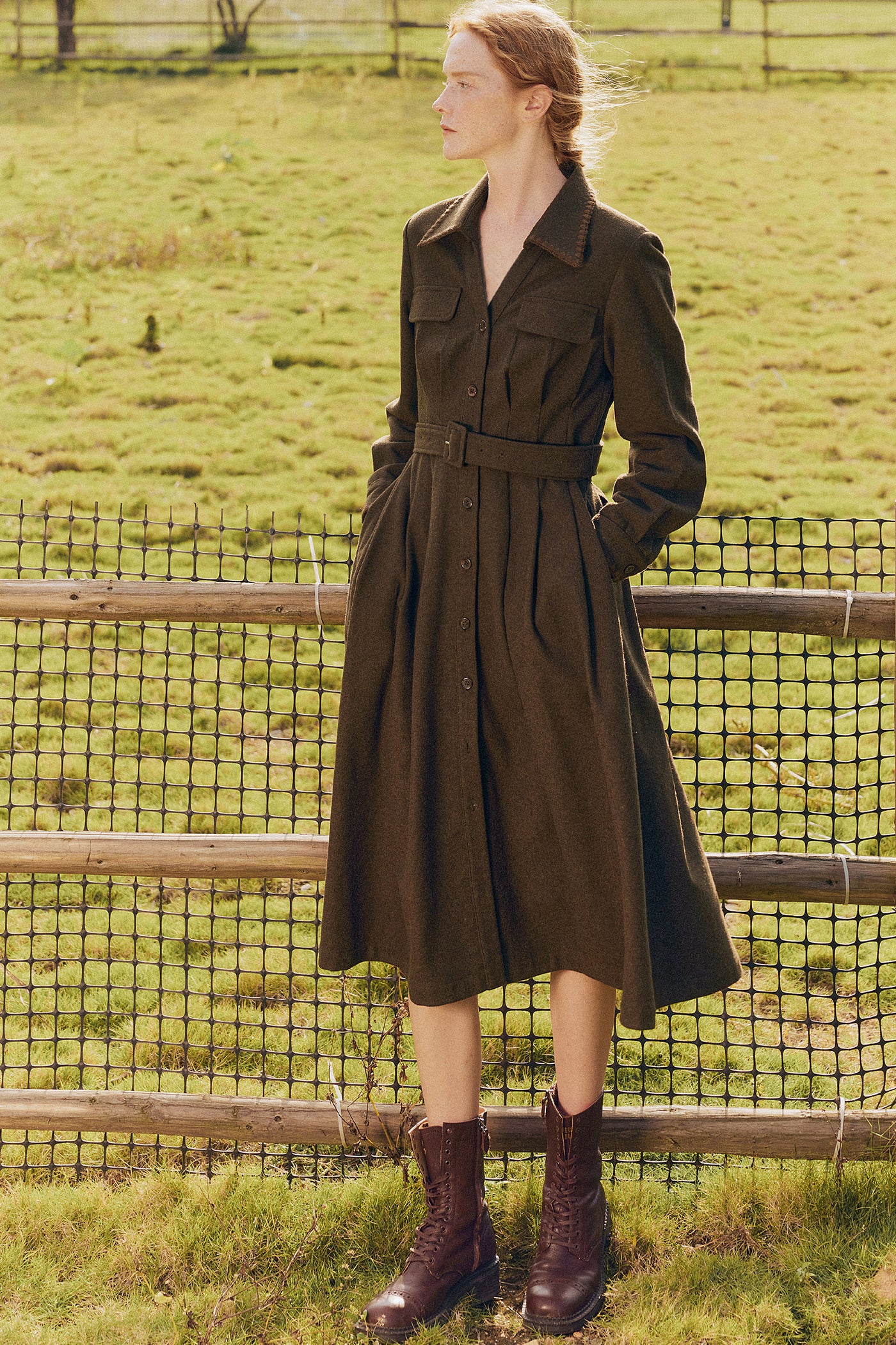 KAMILAN Women's Maillard Style Midi Shirt Dress – 2025 Autumn New Slim-Fit Waist A-Line Dress