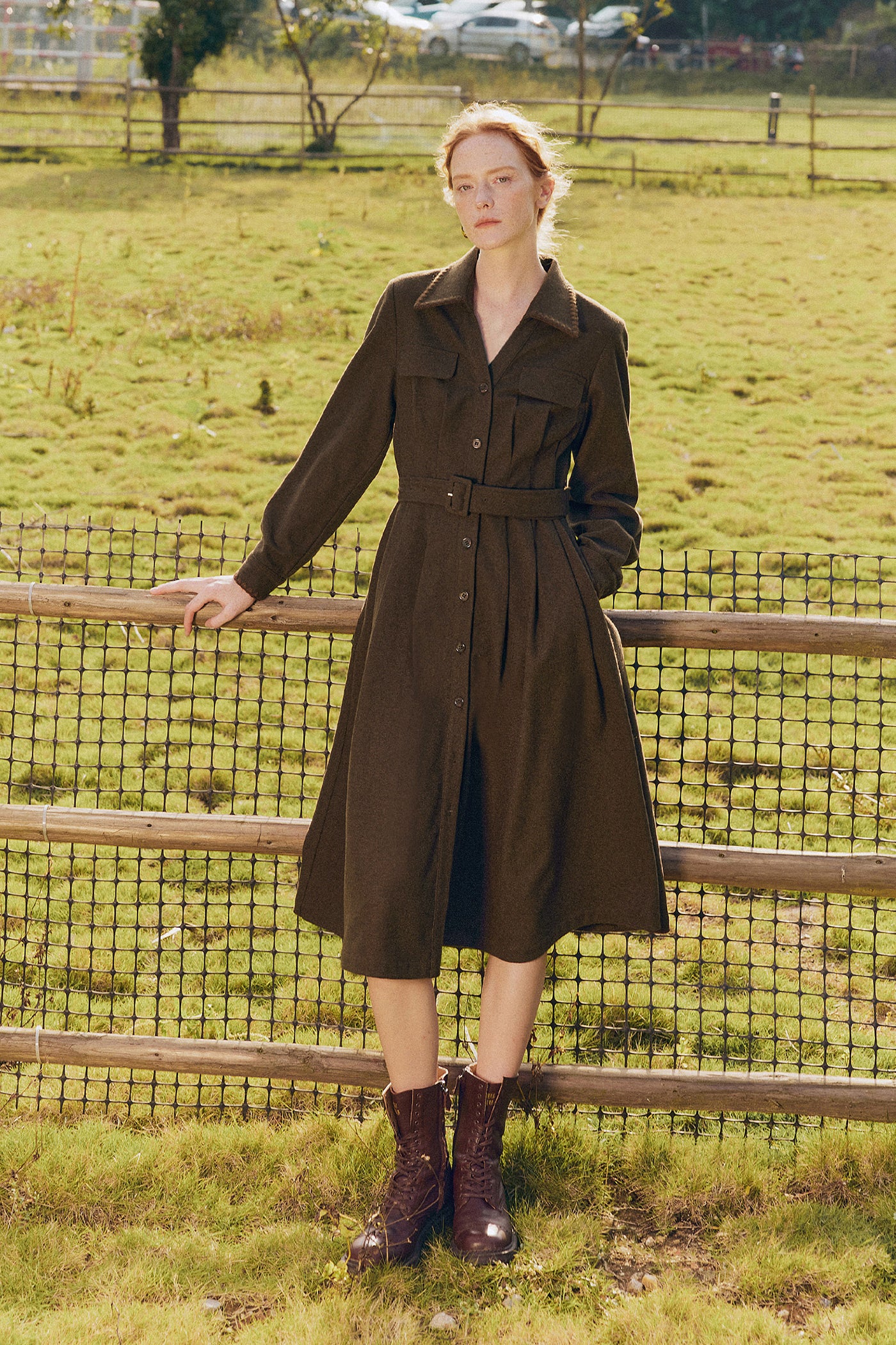 KAMILAN Women's Maillard Style Midi Shirt Dress – 2025 Autumn New Slim-Fit Waist A-Line Dress