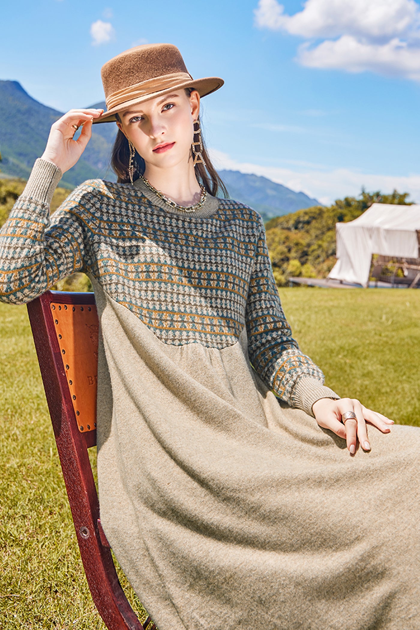 KAMILAN Women’s Wool Knit Midi Dress – 2025 Autumn/Winter New Printed Patchwork Sweater Dress