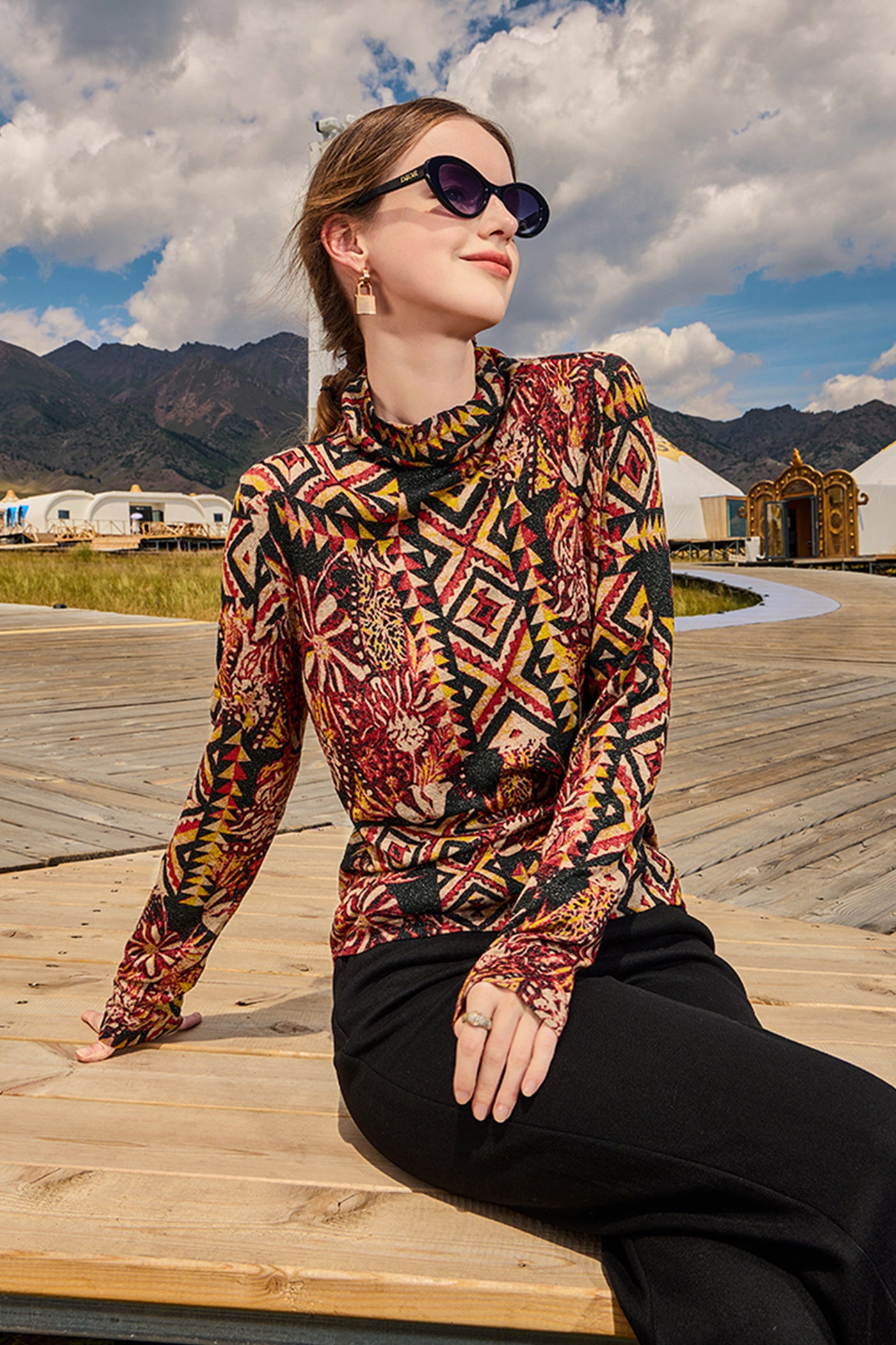 KAMILAN Women’s Vintage Wool Knit Sweater – 2025 Autumn New Long-Sleeve Printed Pullover