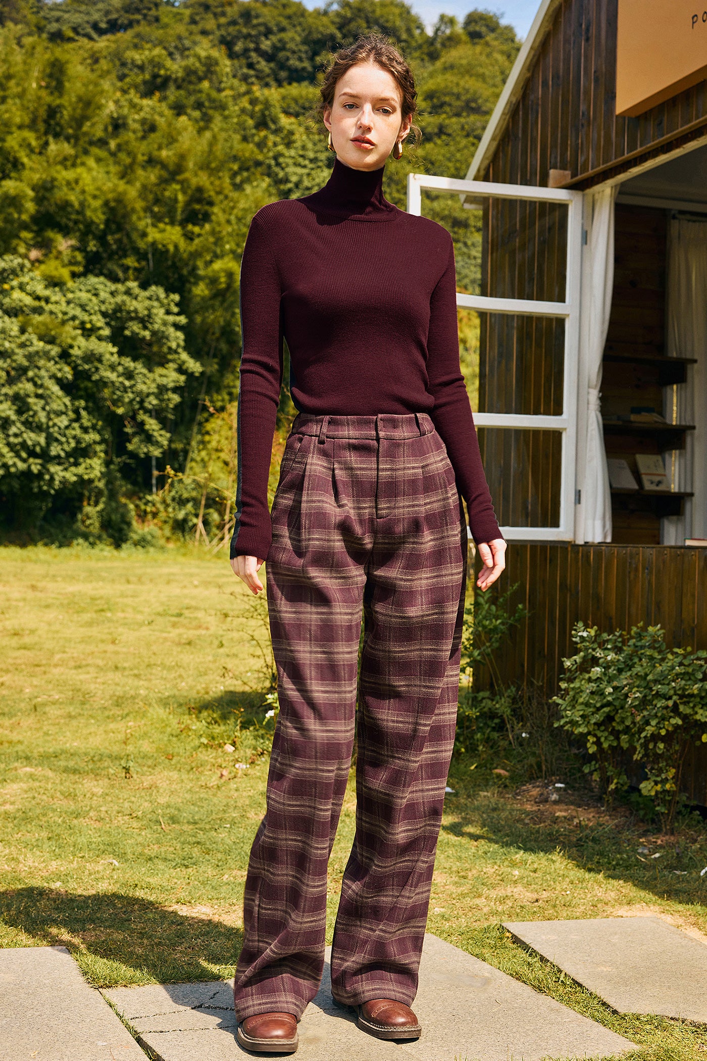 KAMILAN Women’s Plaid Wide-Leg Trousers – 2025 Autumn New High-Waist Casual Loose Pants