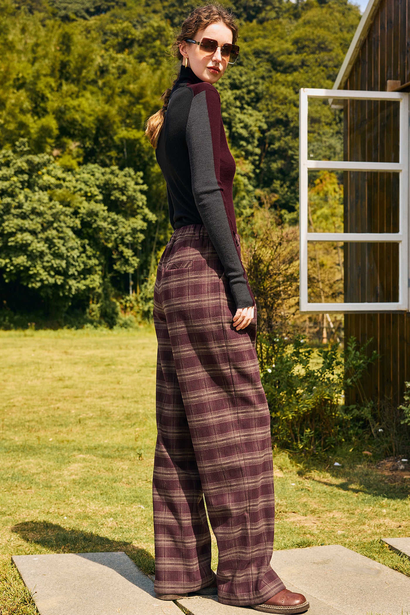 KAMILAN Women’s Plaid Wide-Leg Trousers – 2025 Autumn New High-Waist Casual Loose Pants