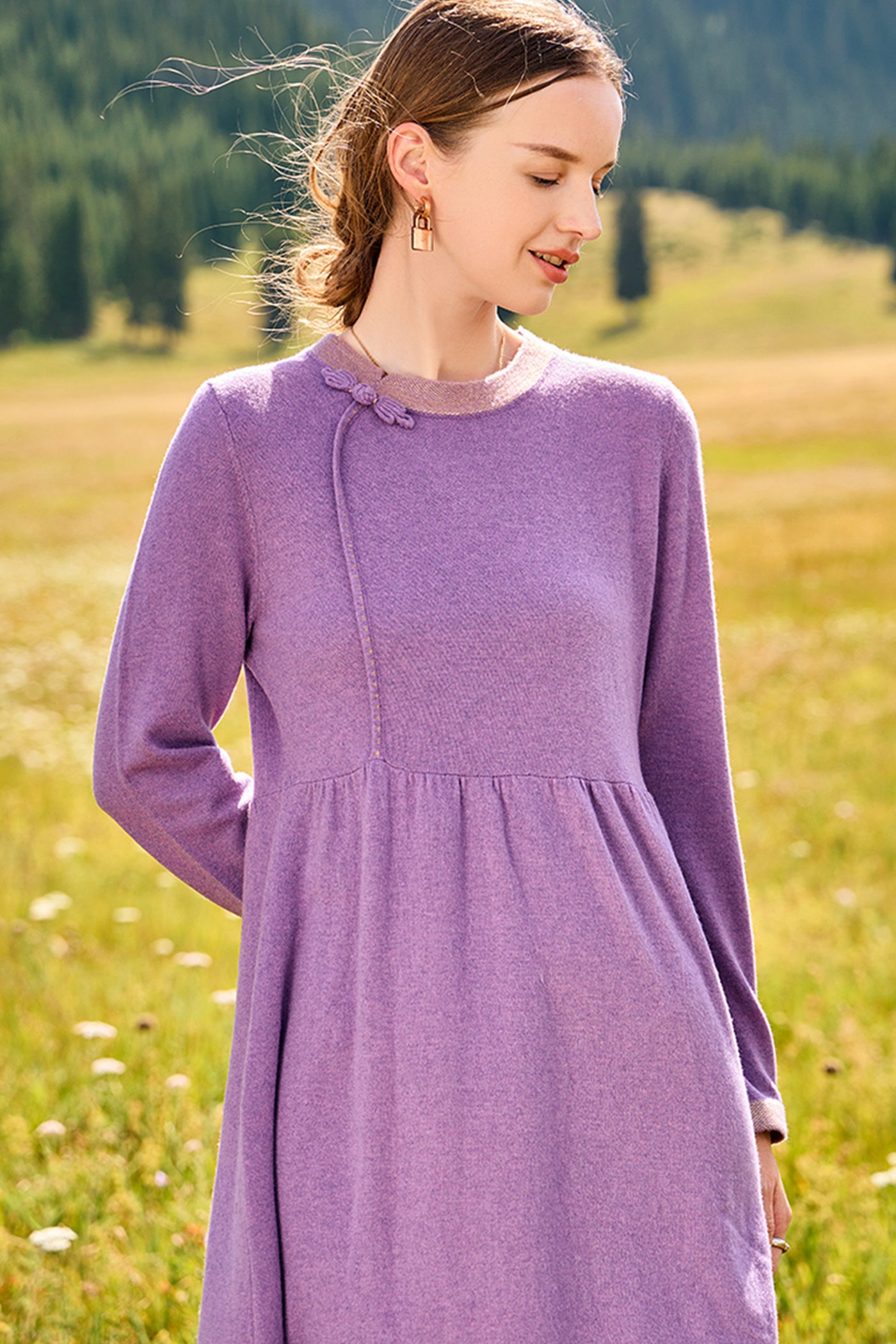 KAMILAN New Chinese Retro Wool Knitted Dress Women's New Mid-long High Waist A-line Dress in Fall/Winter 2025