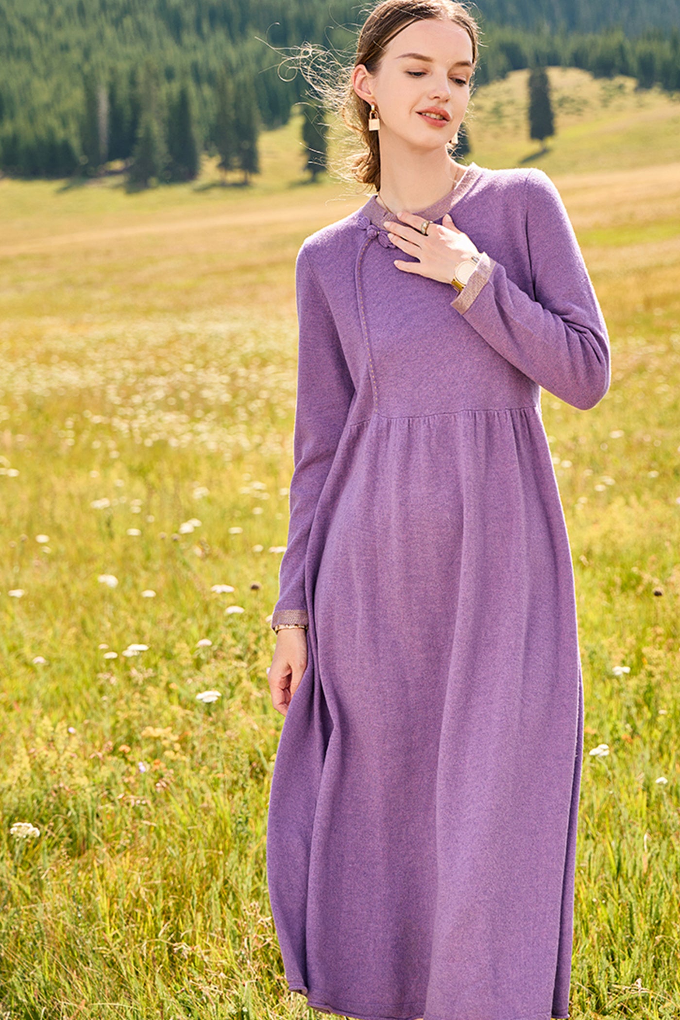 KAMILAN New Chinese Retro Wool Knitted Dress Women's New Mid-long High Waist A-line Dress in Fall/Winter 2025