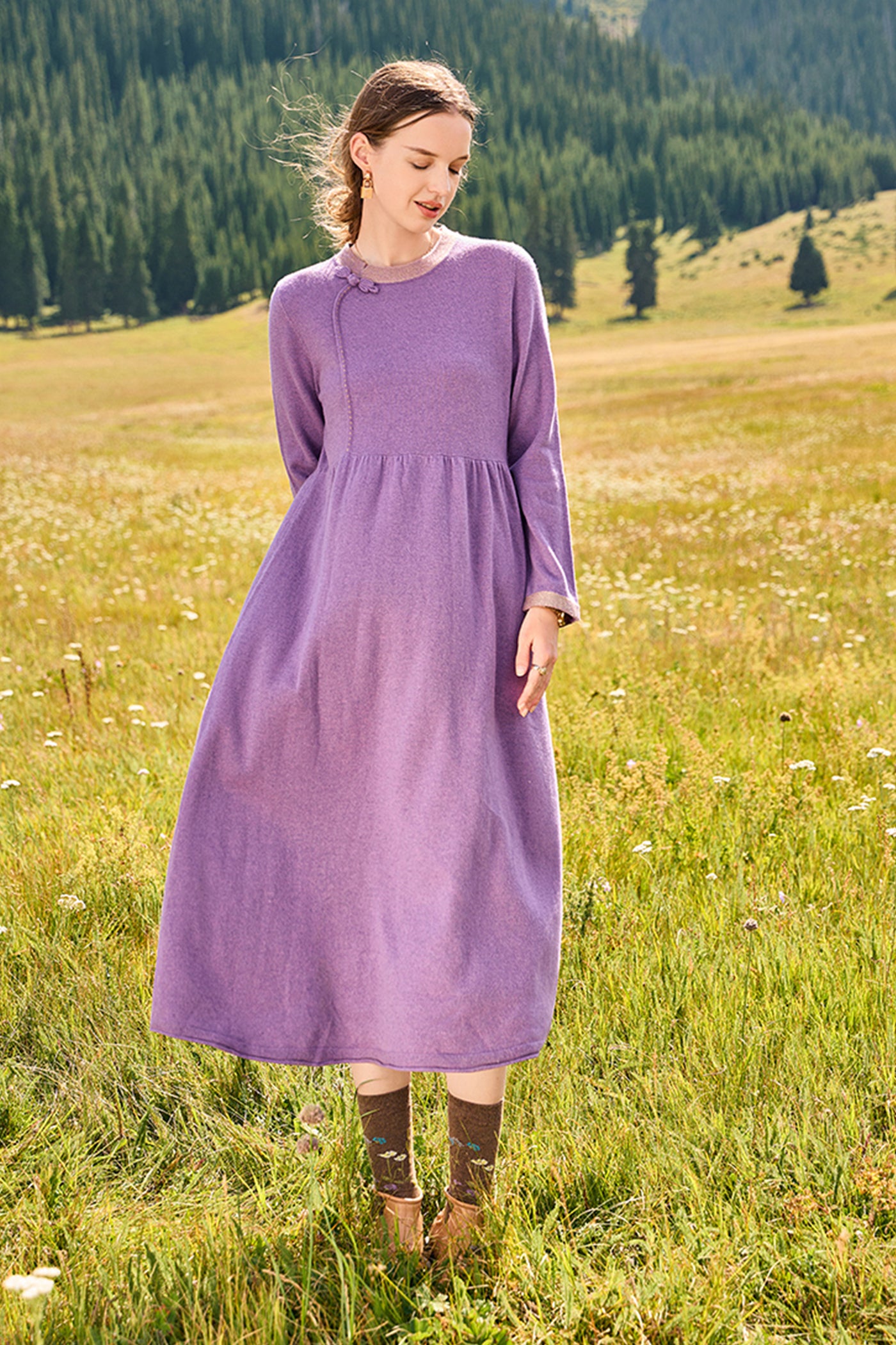 KAMILAN New Chinese Retro Wool Knitted Dress Women's New Mid-long High Waist A-line Dress in Fall/Winter 2025