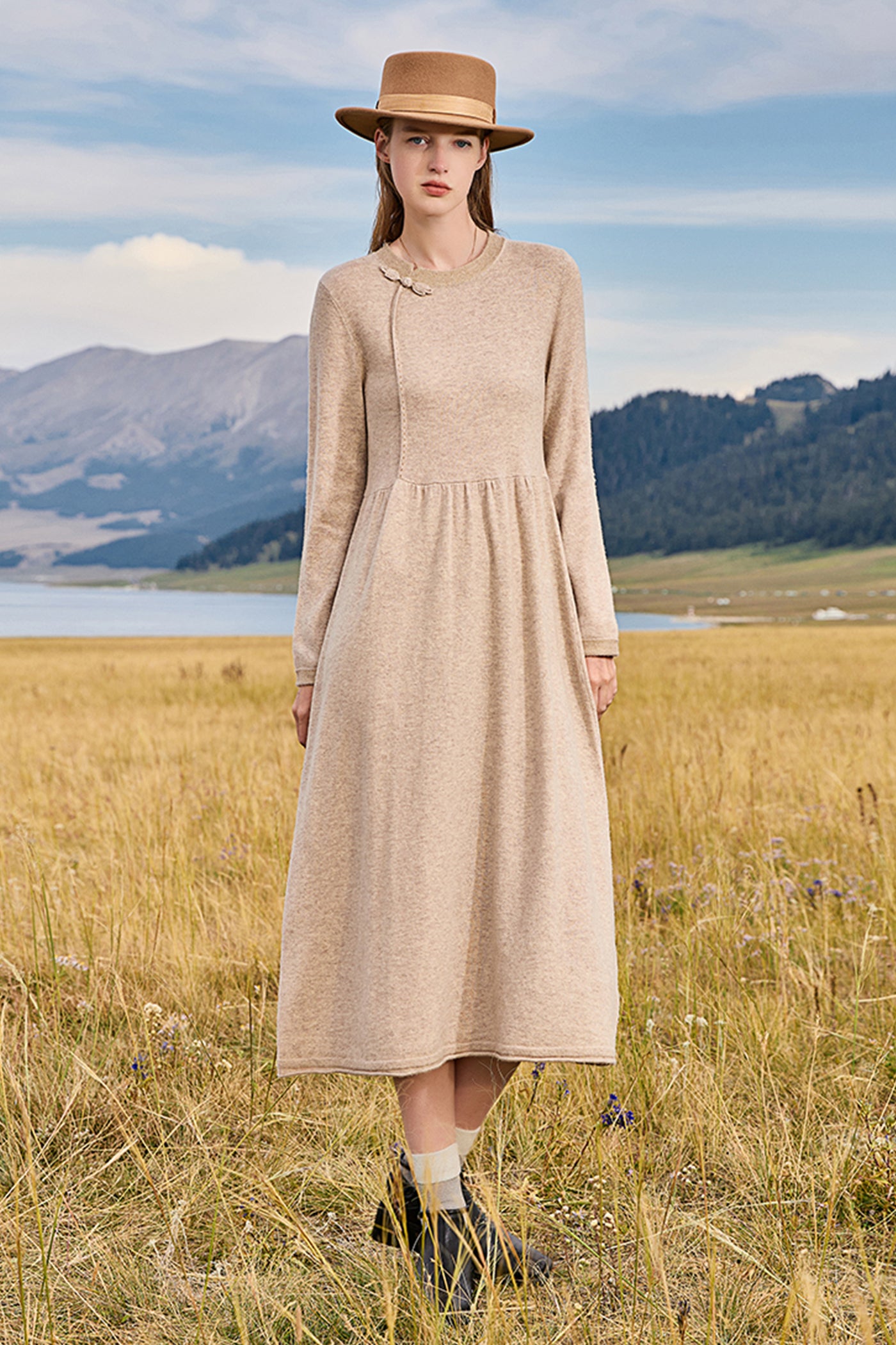 KAMILAN New Chinese Retro Wool Knitted Dress Women's New Mid-long High Waist A-line Dress in Fall/Winter 2025